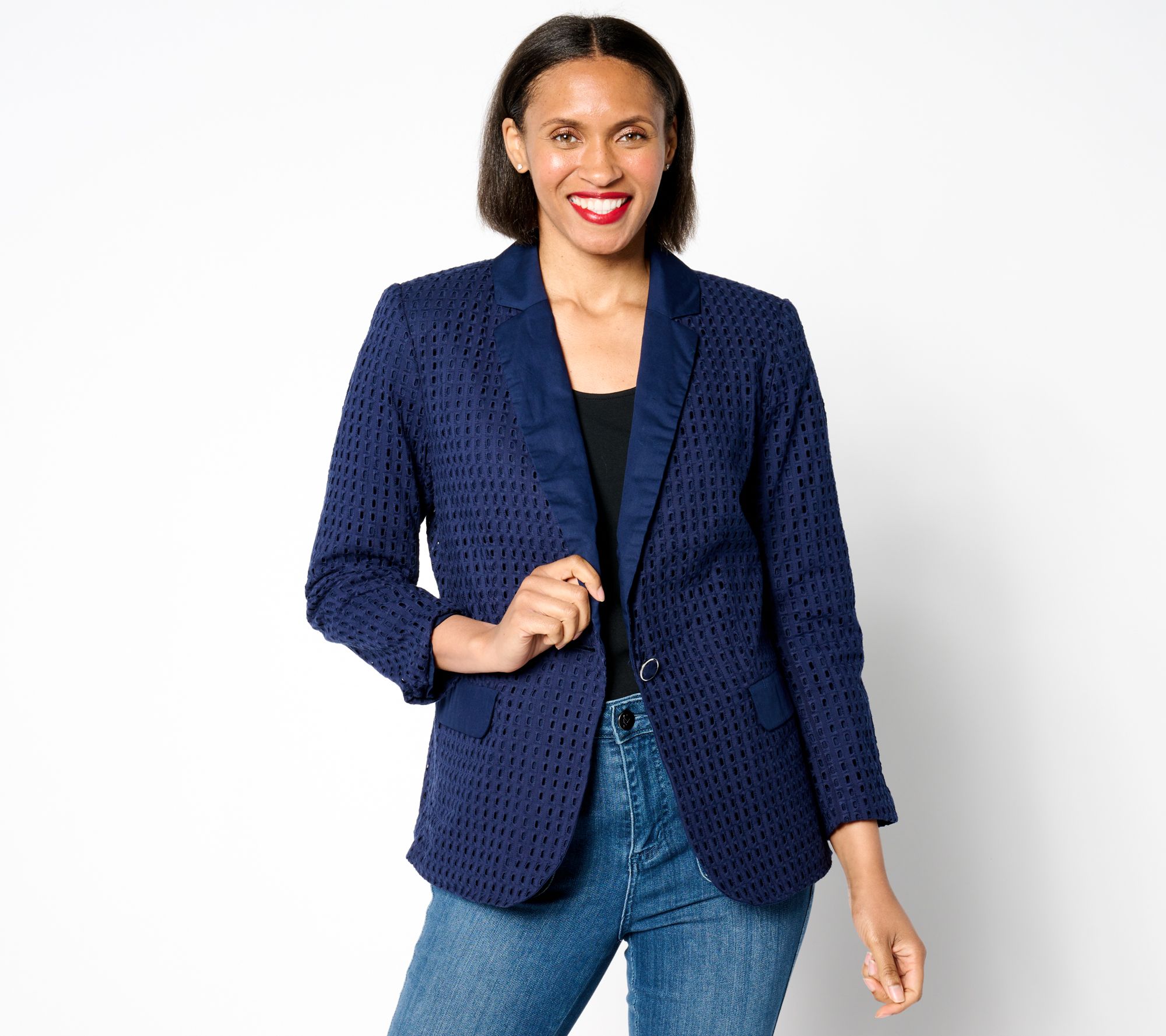 Susan Graver PURE Cotton Eyelet Notch Collar Bracelet Sleeve Blazer