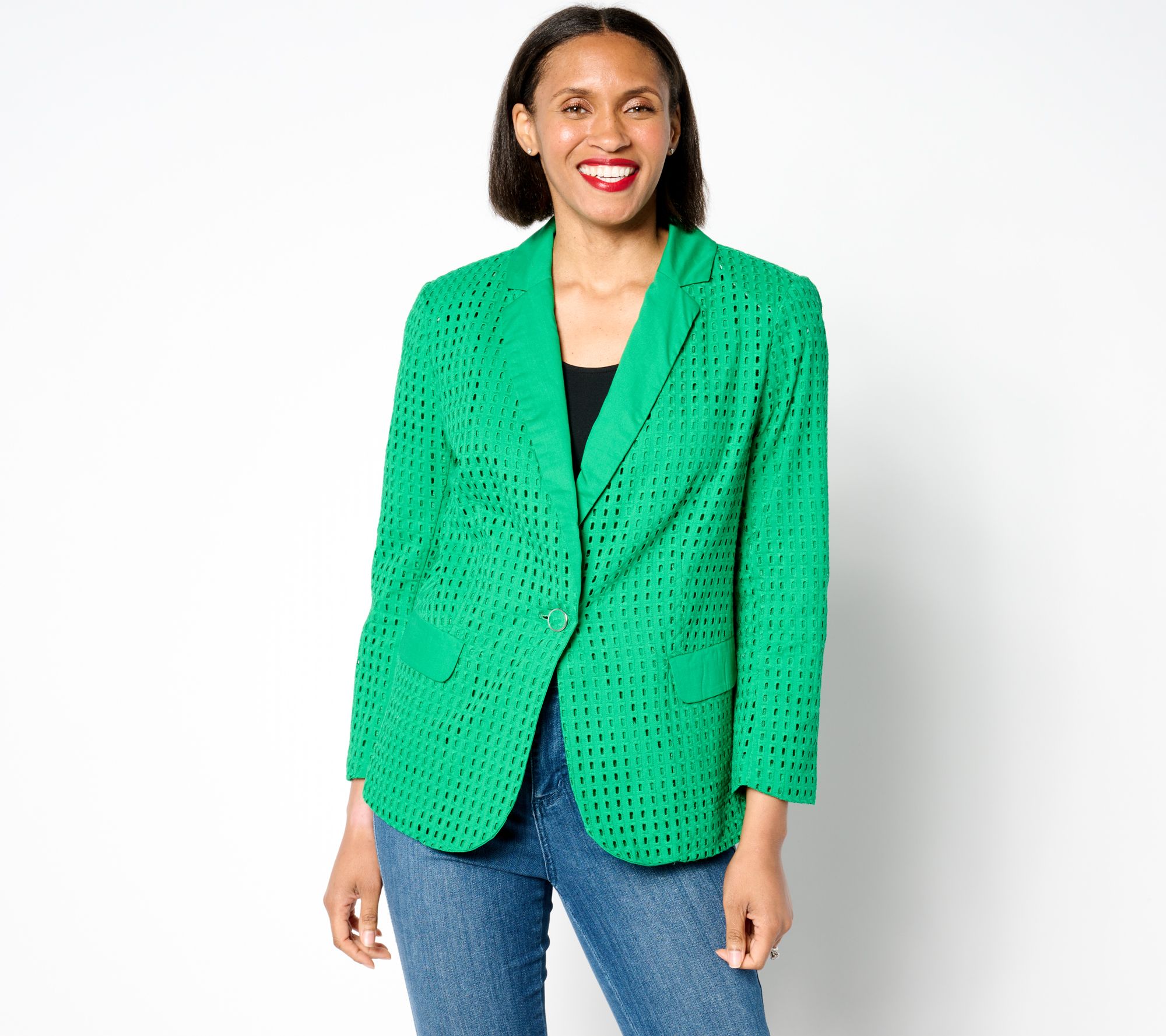 Susan Graver PURE Cotton Eyelet Notch Collar Bracelet Sleeve Blazer