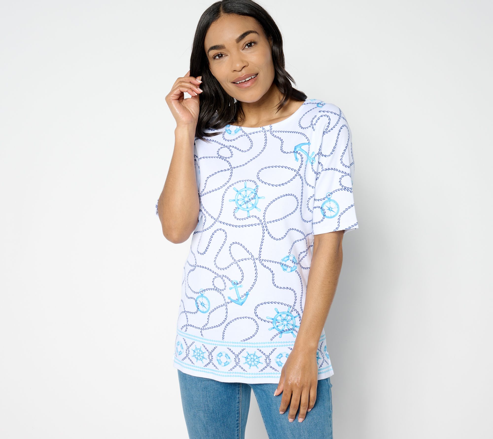 Quacker Factory Ship Shape Bateau Neckline Elbow Sleeve Top
