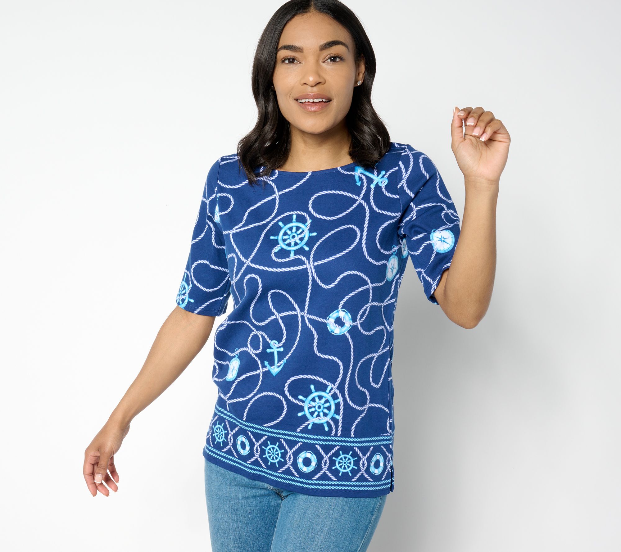 Quacker Factory Ship Shape Bateau Neckline Elbow Sleeve Top