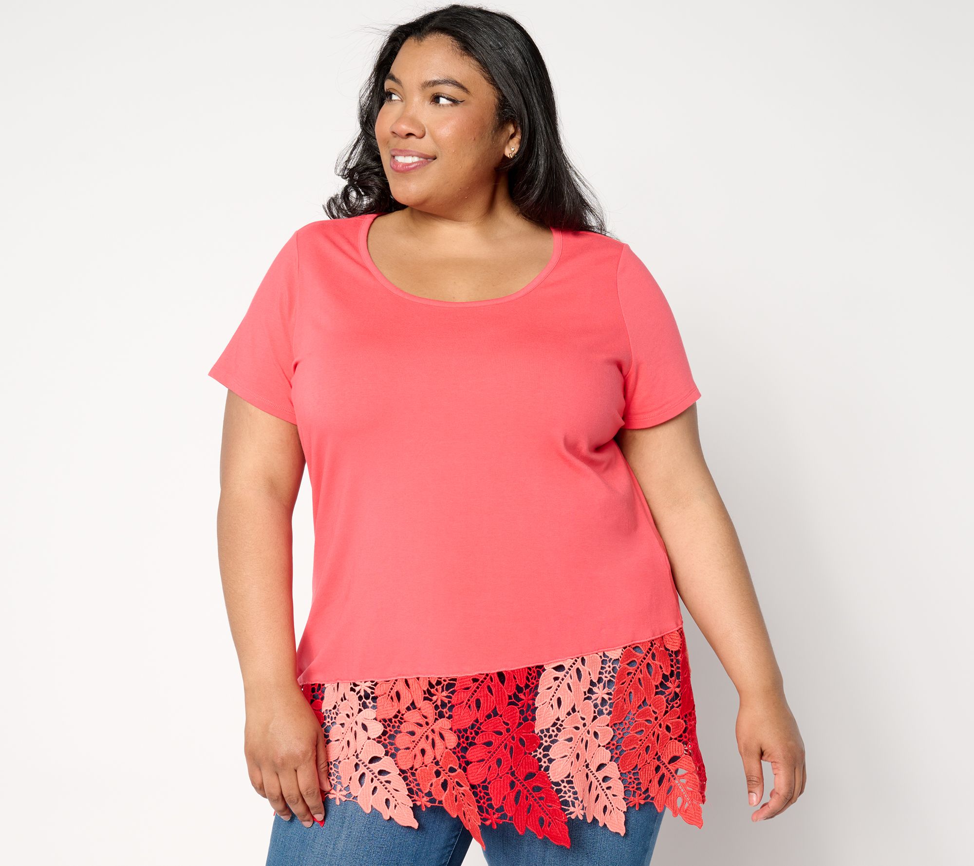 Women with Control Washed Cotton Tropical Lace Top