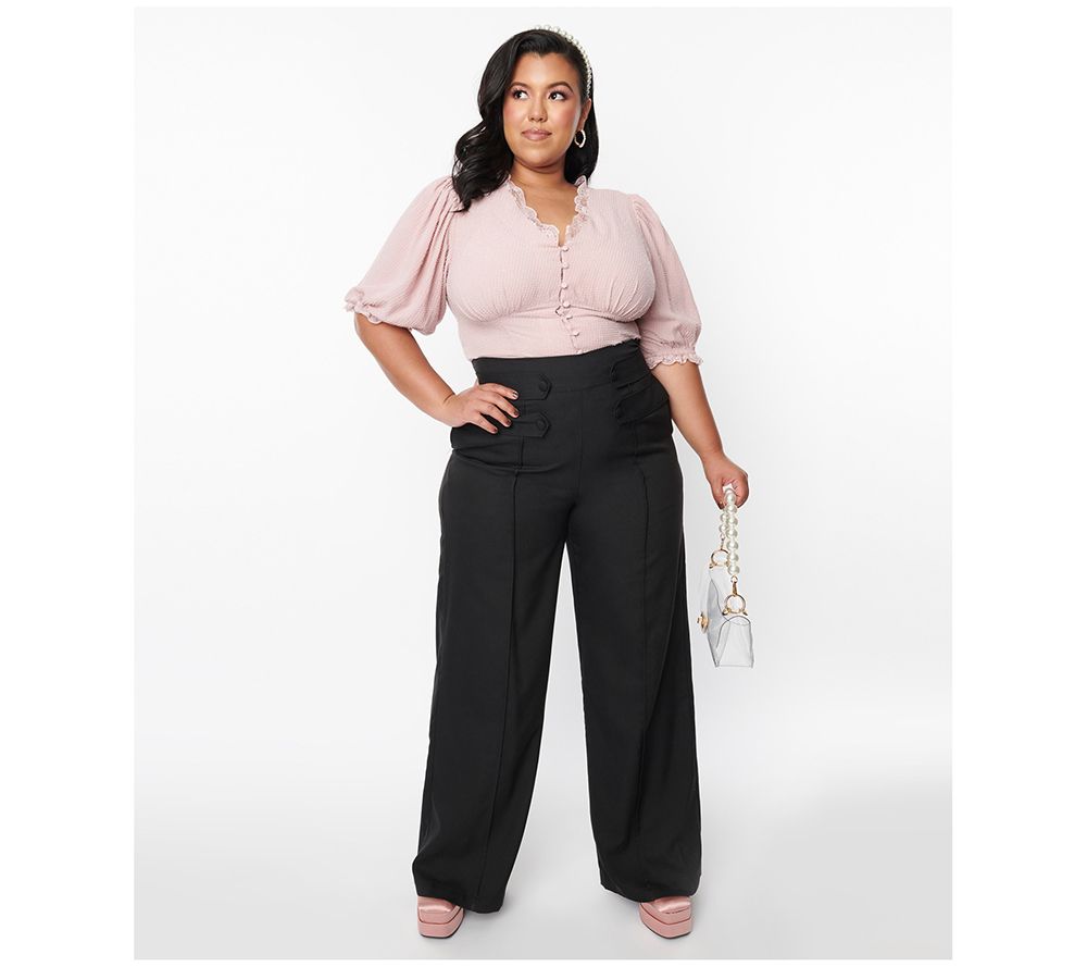 Unique Vintage Black High Waistband Wide Leg Waist Tab Pants - QVC.com