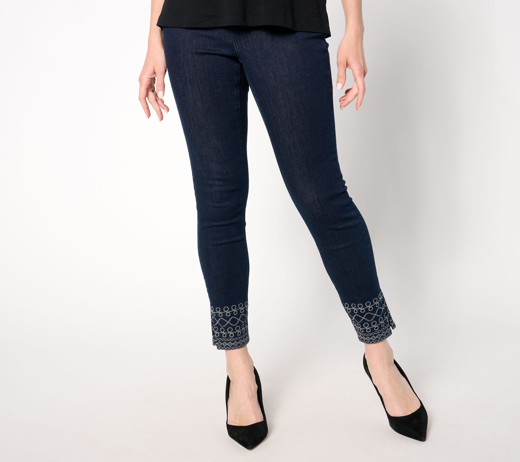 Denim & Co. Regular Indigo Easy Stretch Embellished Hem Slim Ankle Jean