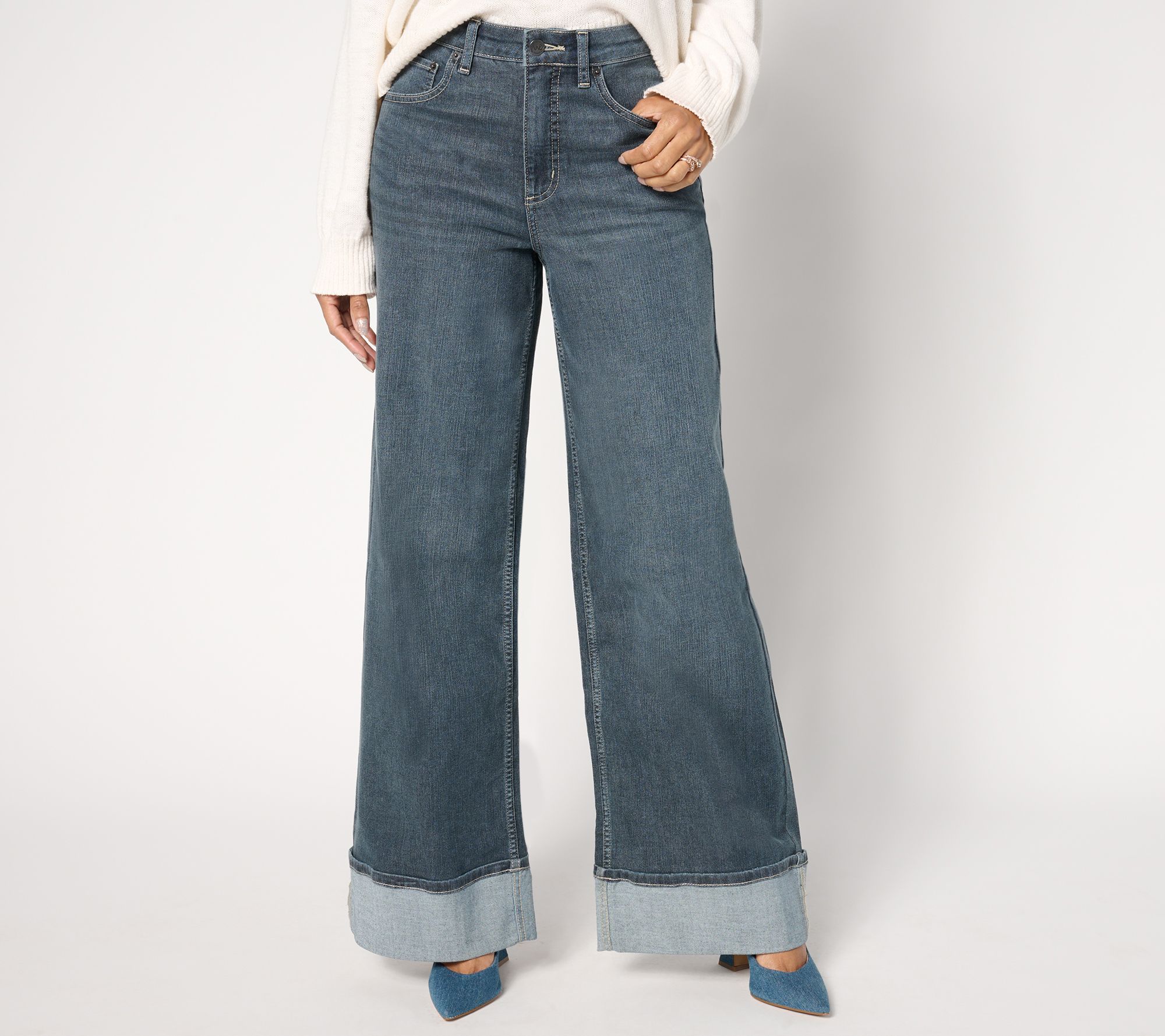 Me by Jennie Garth Regular Grey Blue Cuffed Wide Leg Jeans QVC