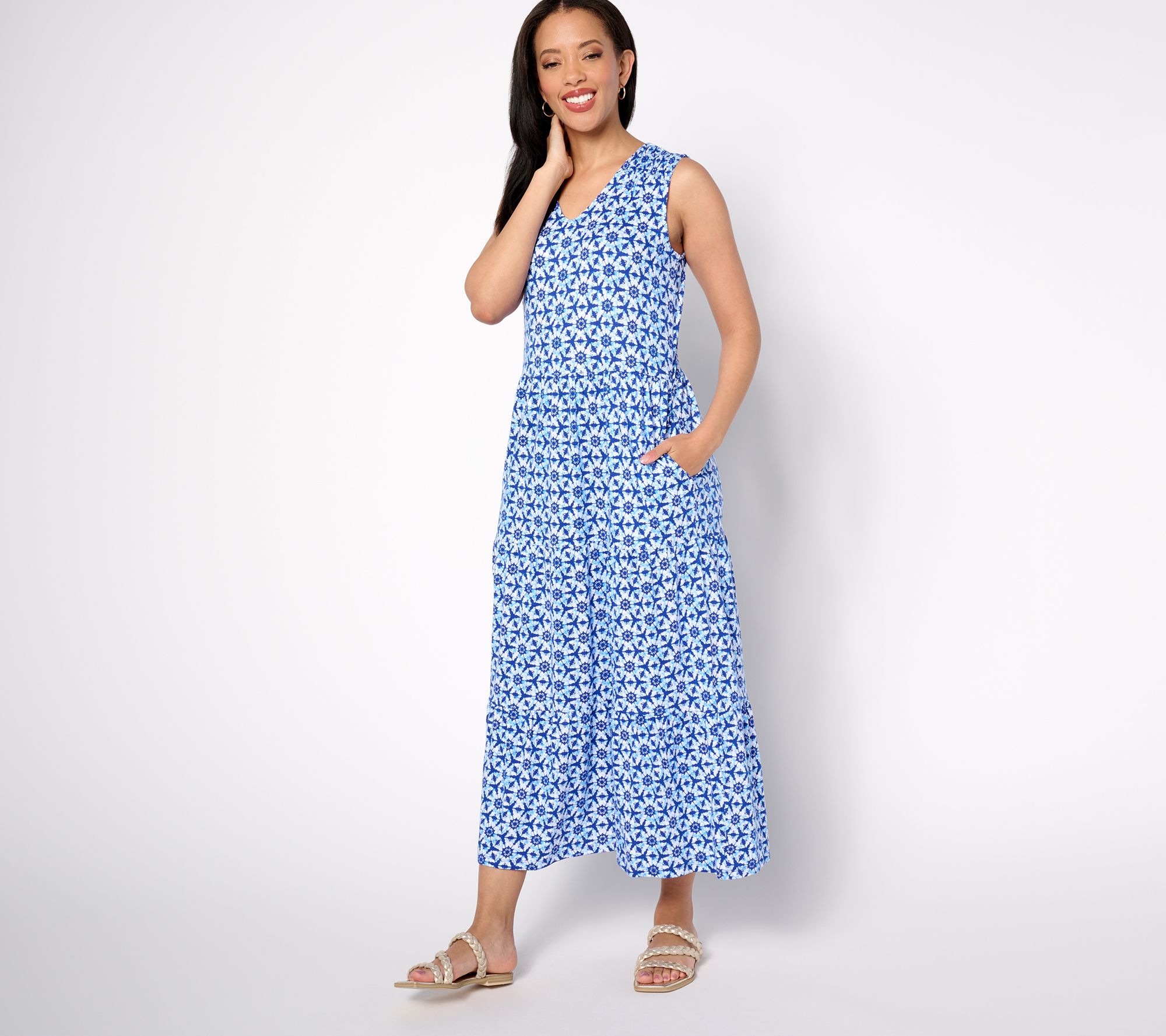 "As Is" Denim & Co. Petite Printed Linen Blend V-Neck Midi Dress