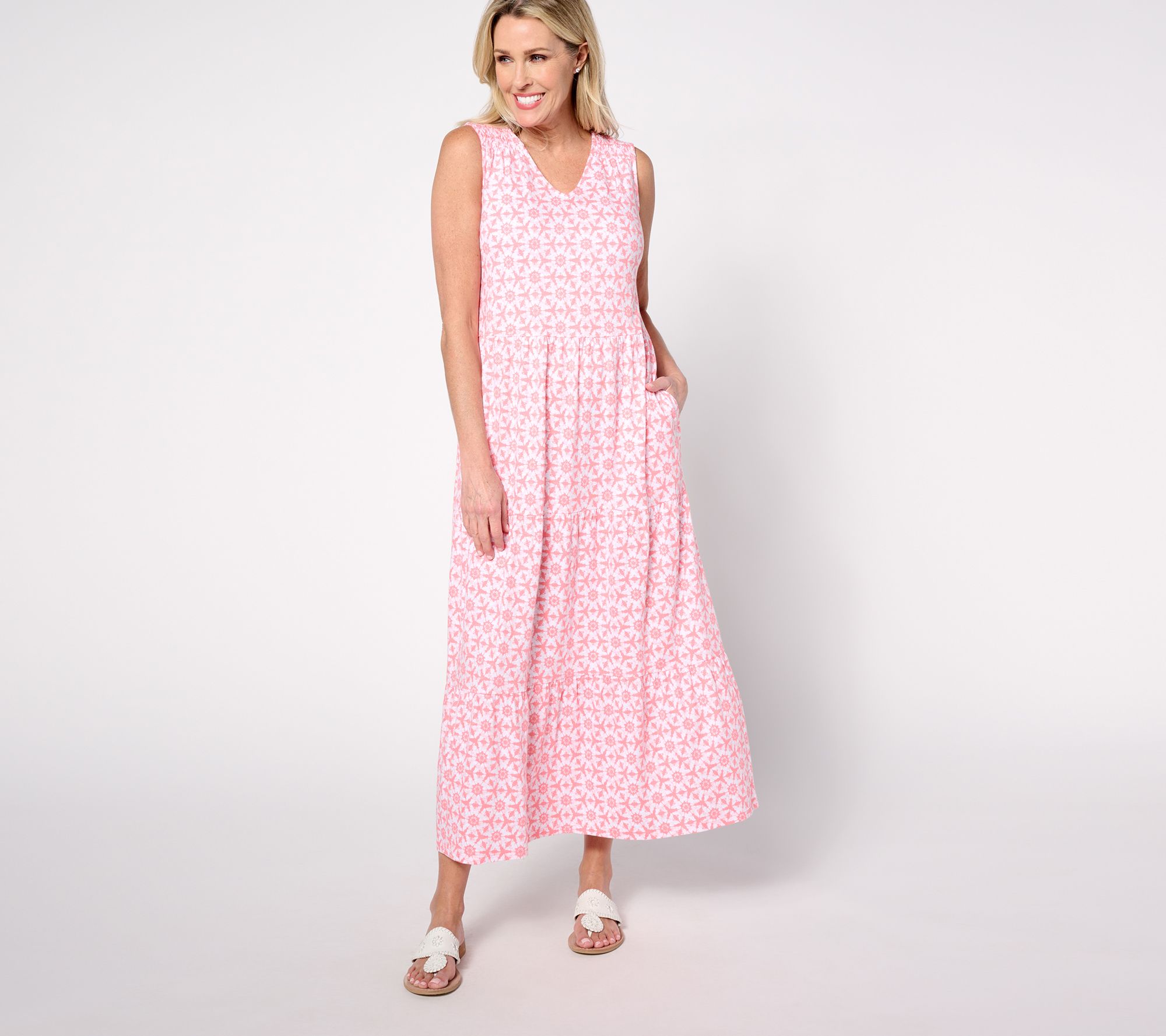 "As Is" Denim & Co. Petite Printed Linen Blend V-Neck Midi Dress