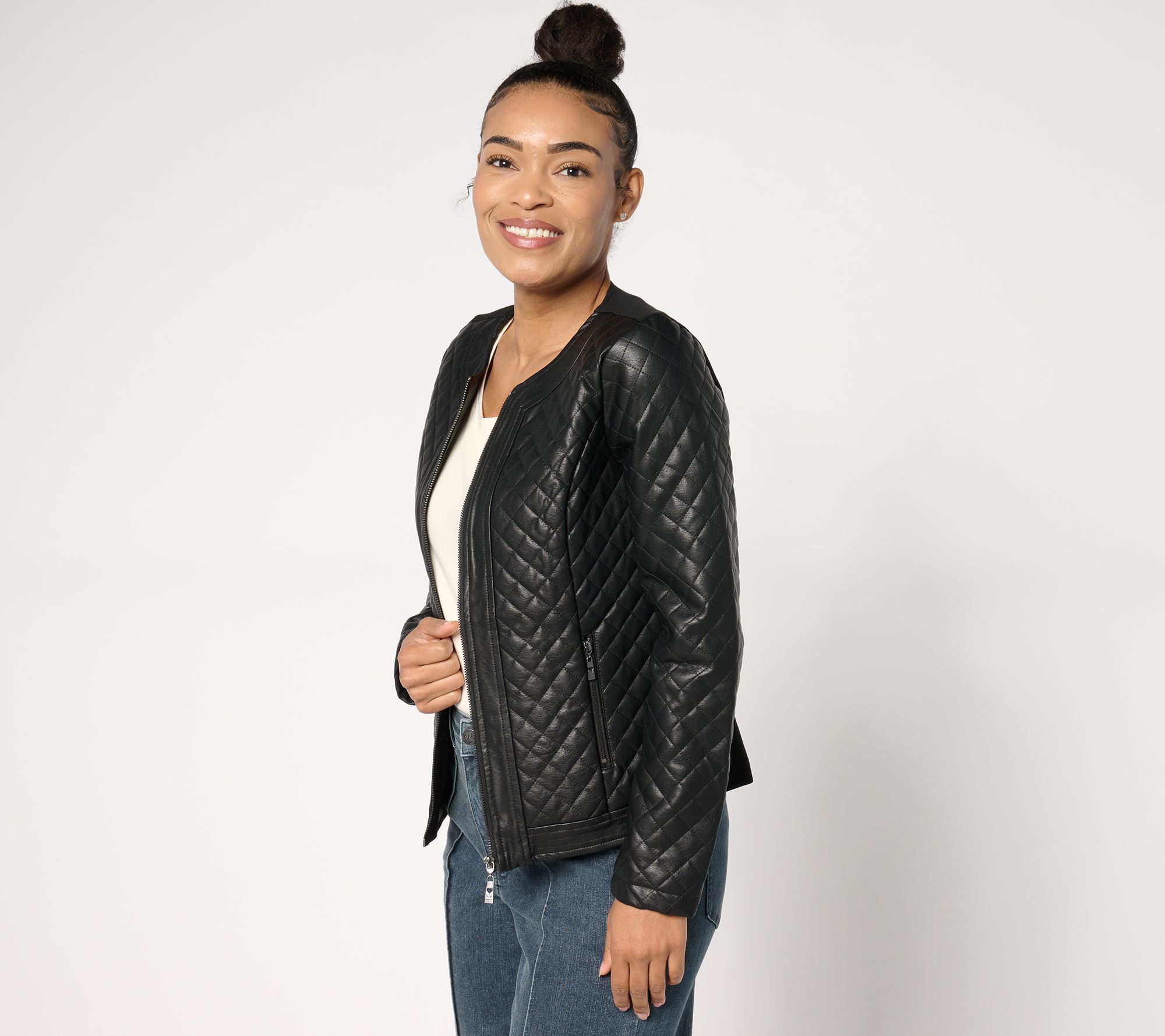 Belle by Kim Gravel Faux Leather & Ponte Quilted Zip Jacket