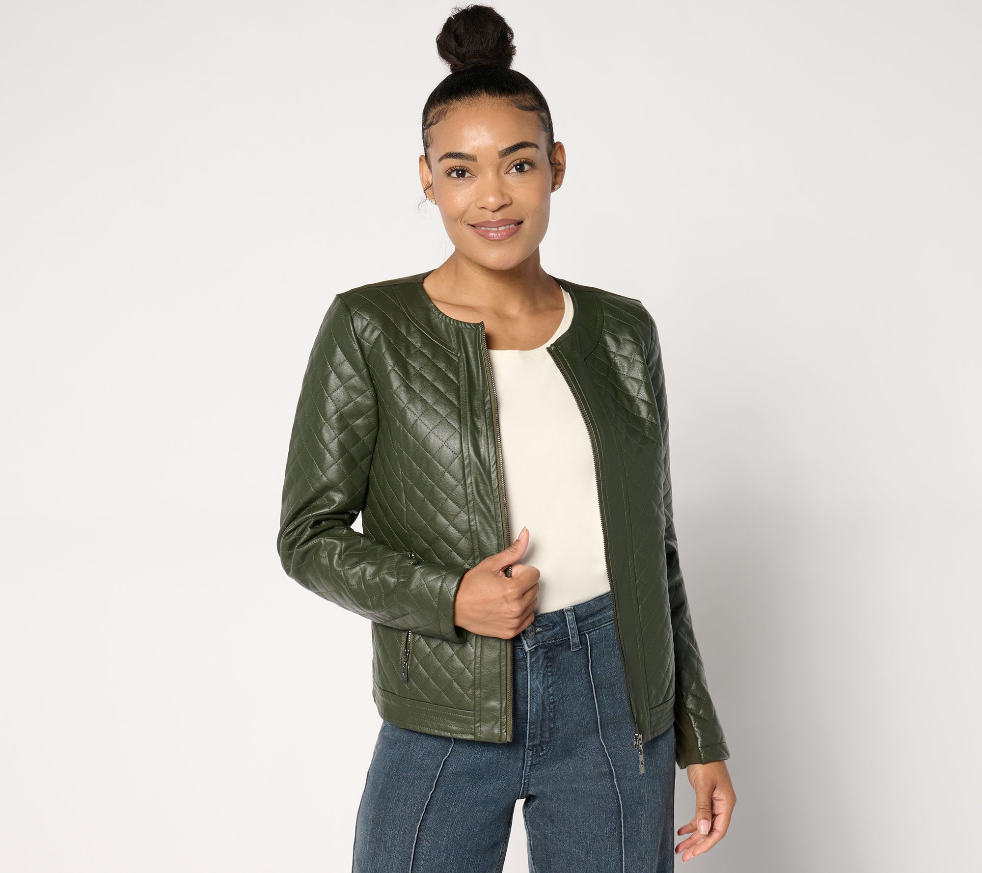 Belle by Kim Gravel Faux Leather & Ponte Quilted Zip Jacket