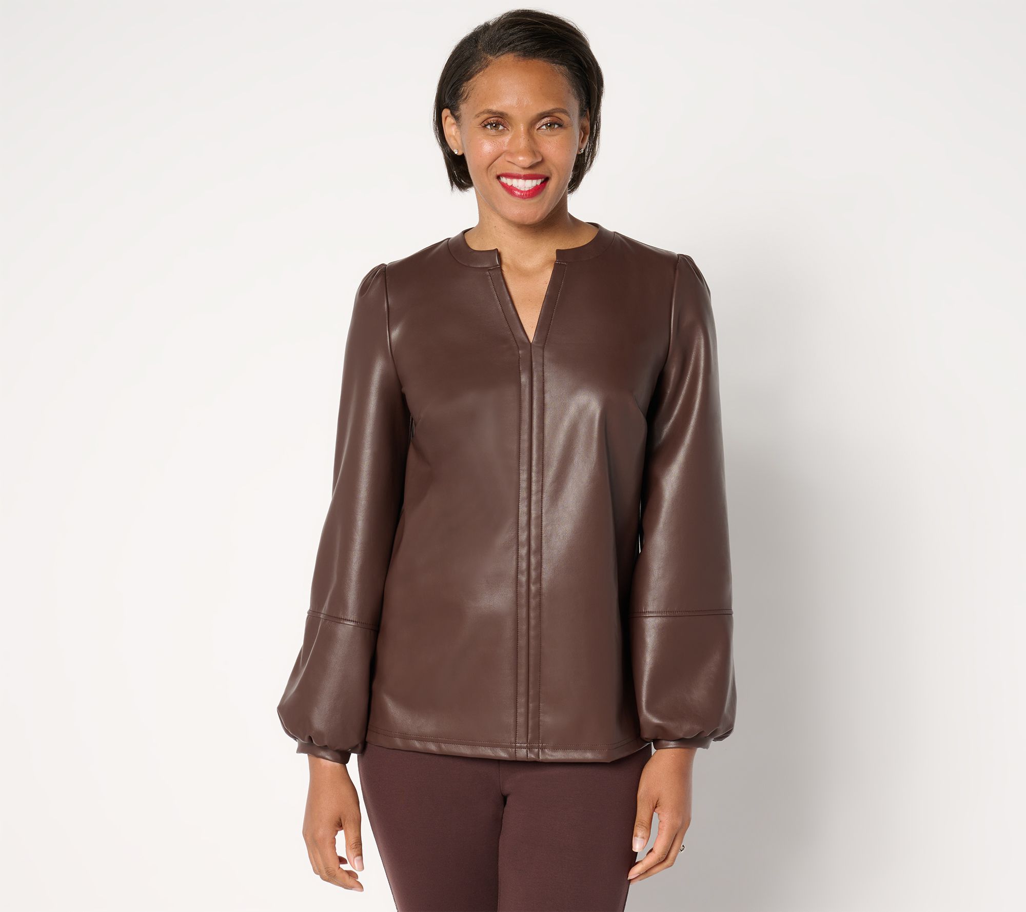 Belle by Kim Gravel Faux Leather Knit Back Blouson Slv Top