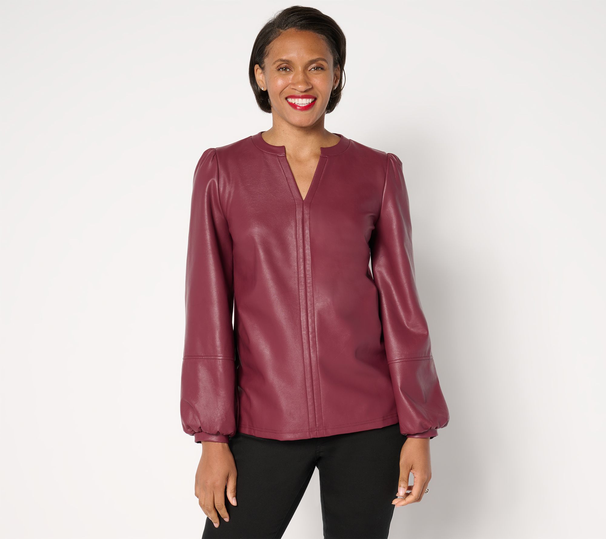 Belle by Kim Gravel Faux Leather Knit Back Blouson Slv Top