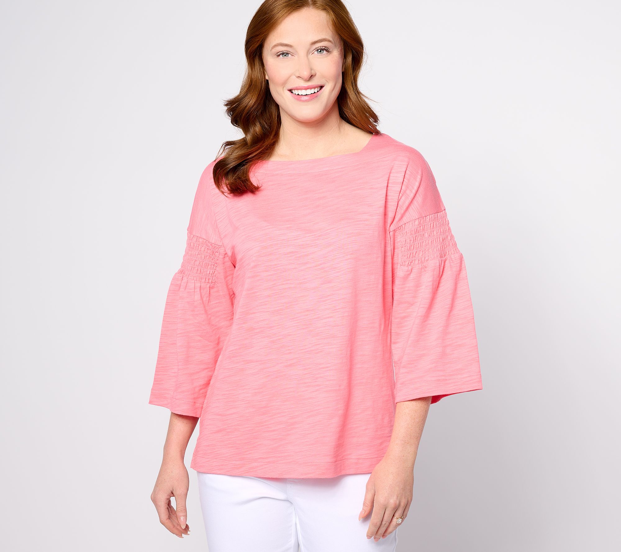"As Is" Belle by Kim Gravel Slub Knit Smocked Sleeve Top