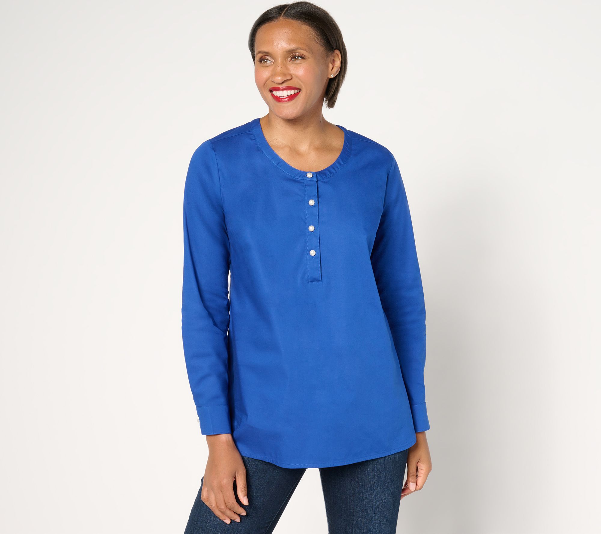Denim & Co. Regular Poplin Tunic with Pearl Buttons