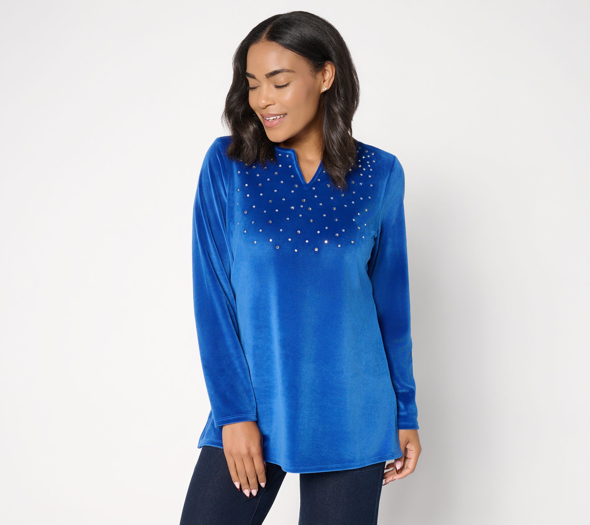 Quacker Factory Sparkle & Shine Split Neck Long sleeve Velour Tunic