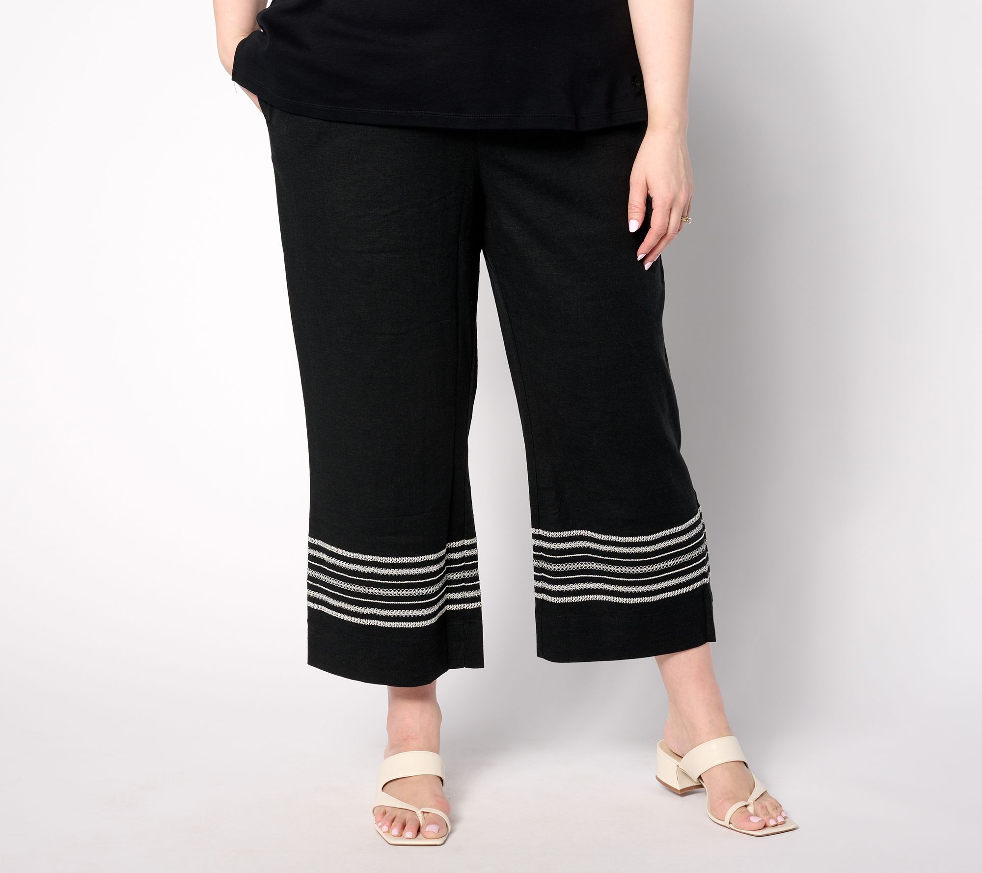 "As Is" Joan Rivers Regular Stretch Novelty Linen Crop Pant w/ Embroidery
