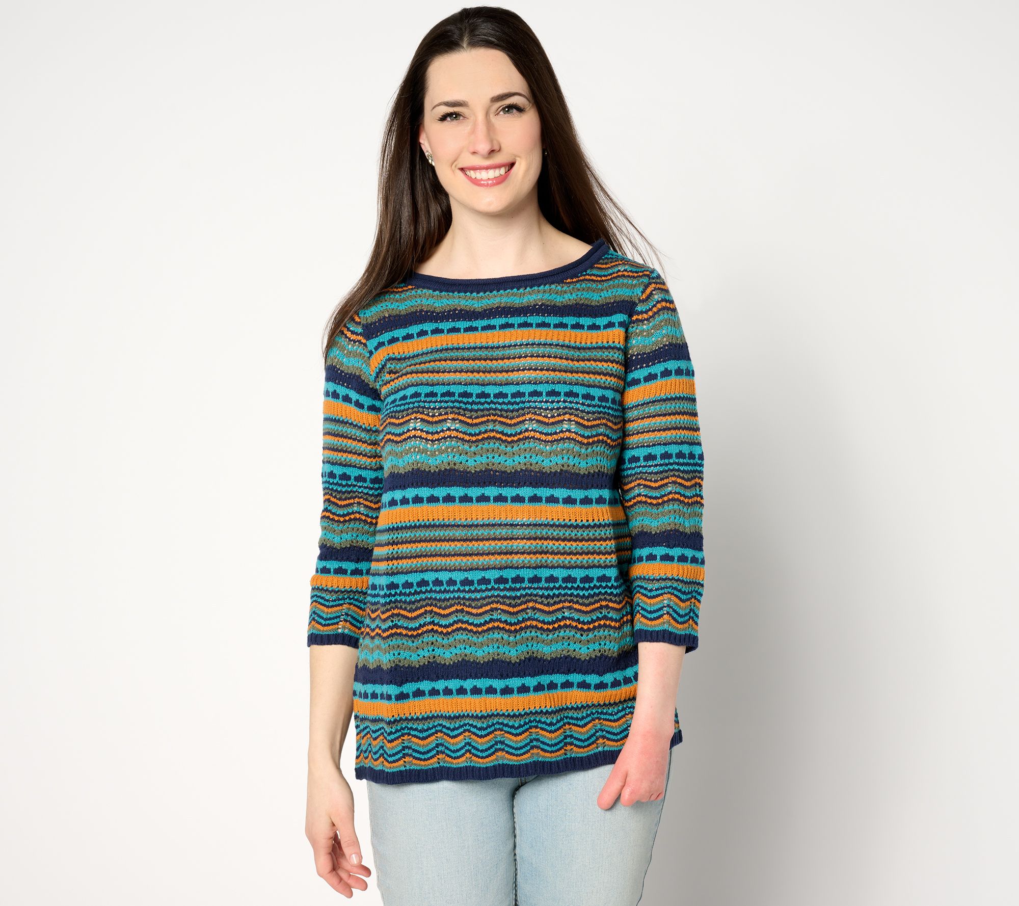 "As Is" Denim & Co. 3/4 Sleeve Mixed Stretch Striped Sweater