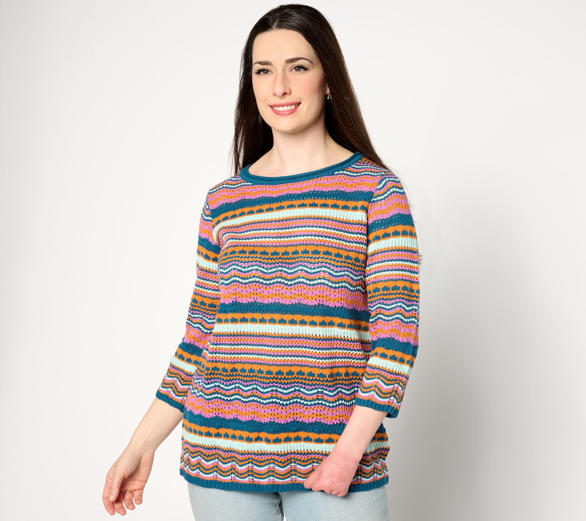 "As Is" Denim & Co. 3/4 Sleeve Mixed Stretch Striped Sweater