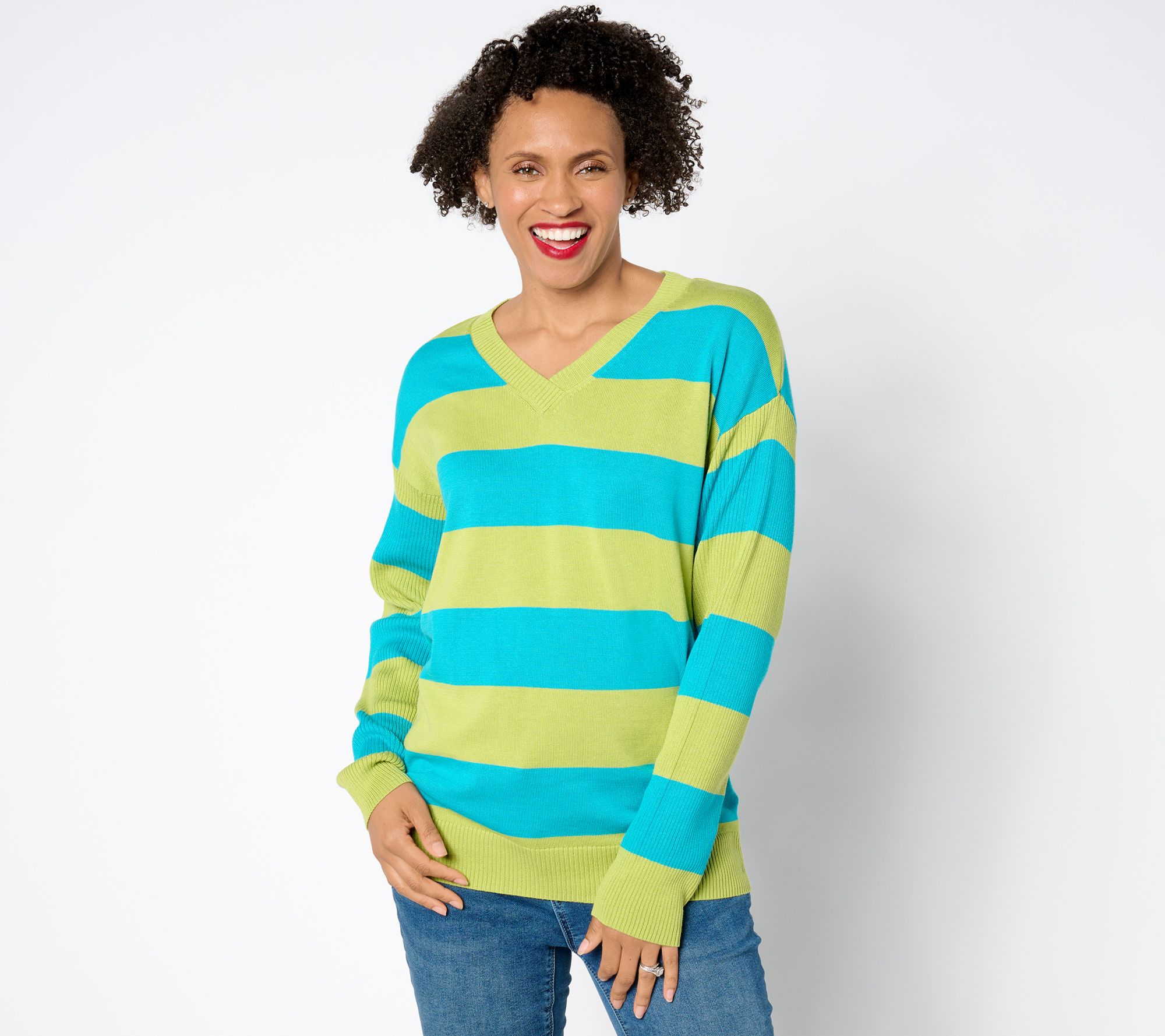 "As Is" Belle by Kim Gravel Varsity Vibes V Neck Rubgy Stripe Sweater