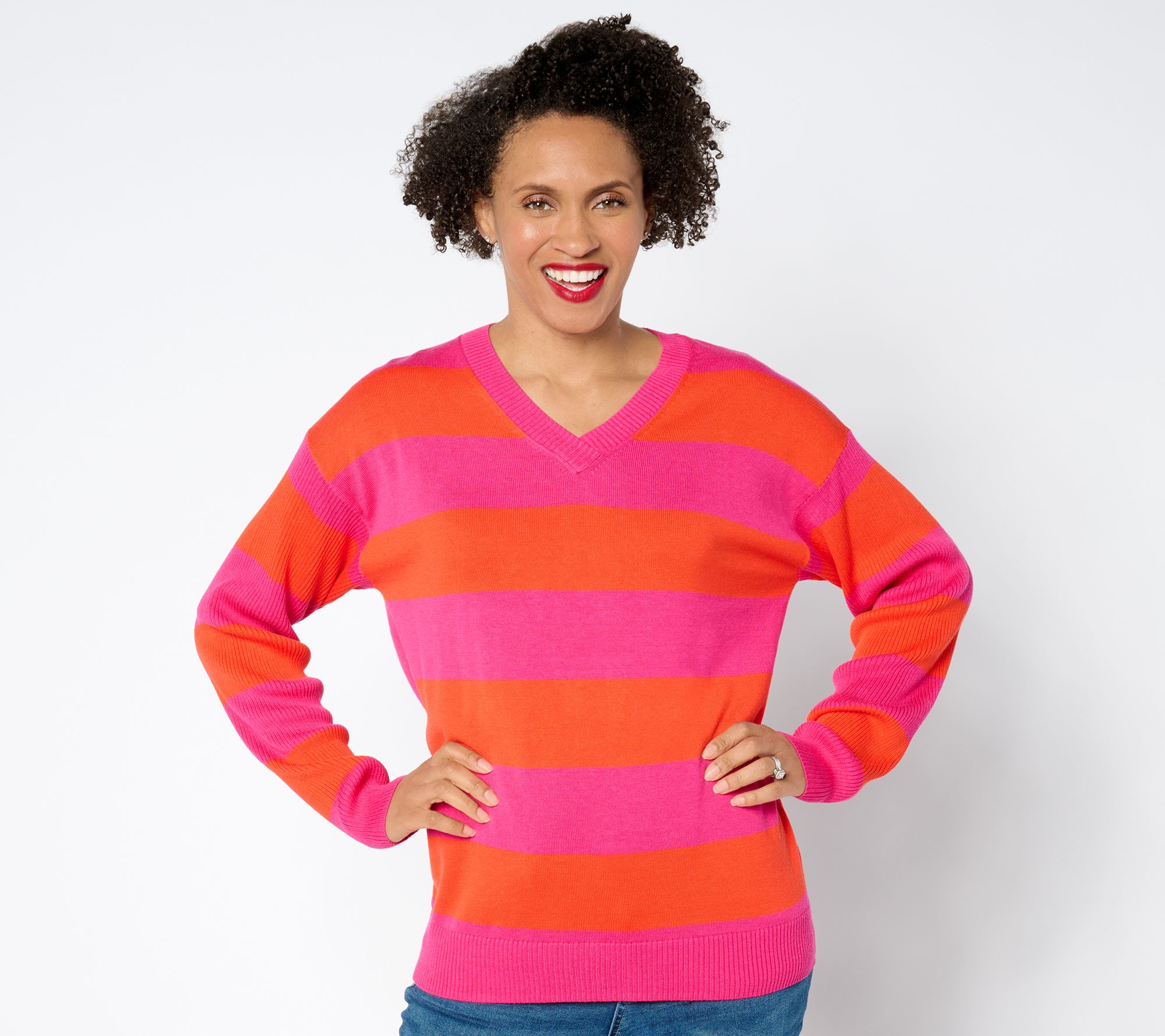 "As Is" Belle by Kim Gravel Varsity Vibes V Neck Rubgy Stripe Sweater