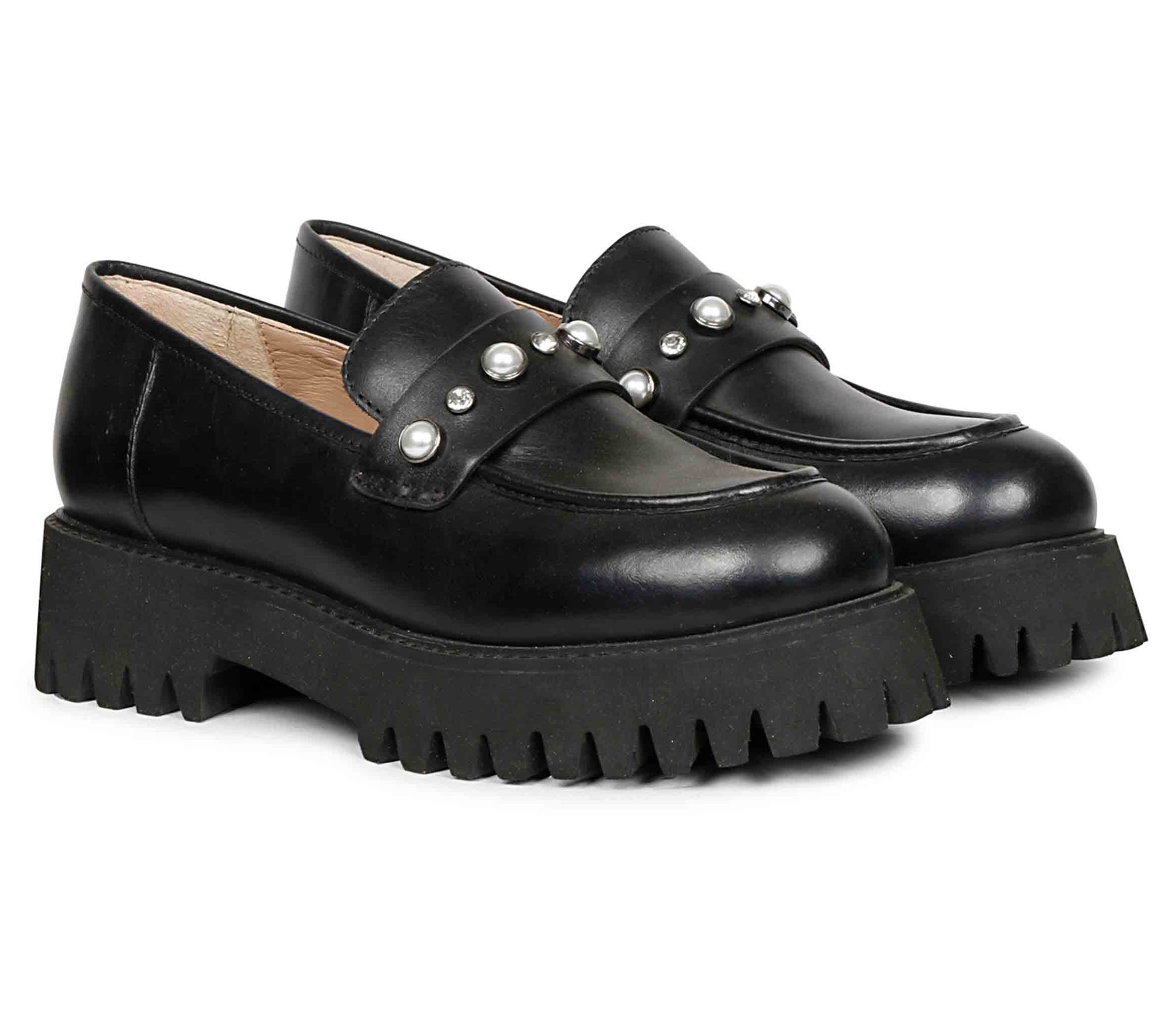 Saint G Leather Platform Loafer With Pearl Deta il- Fern