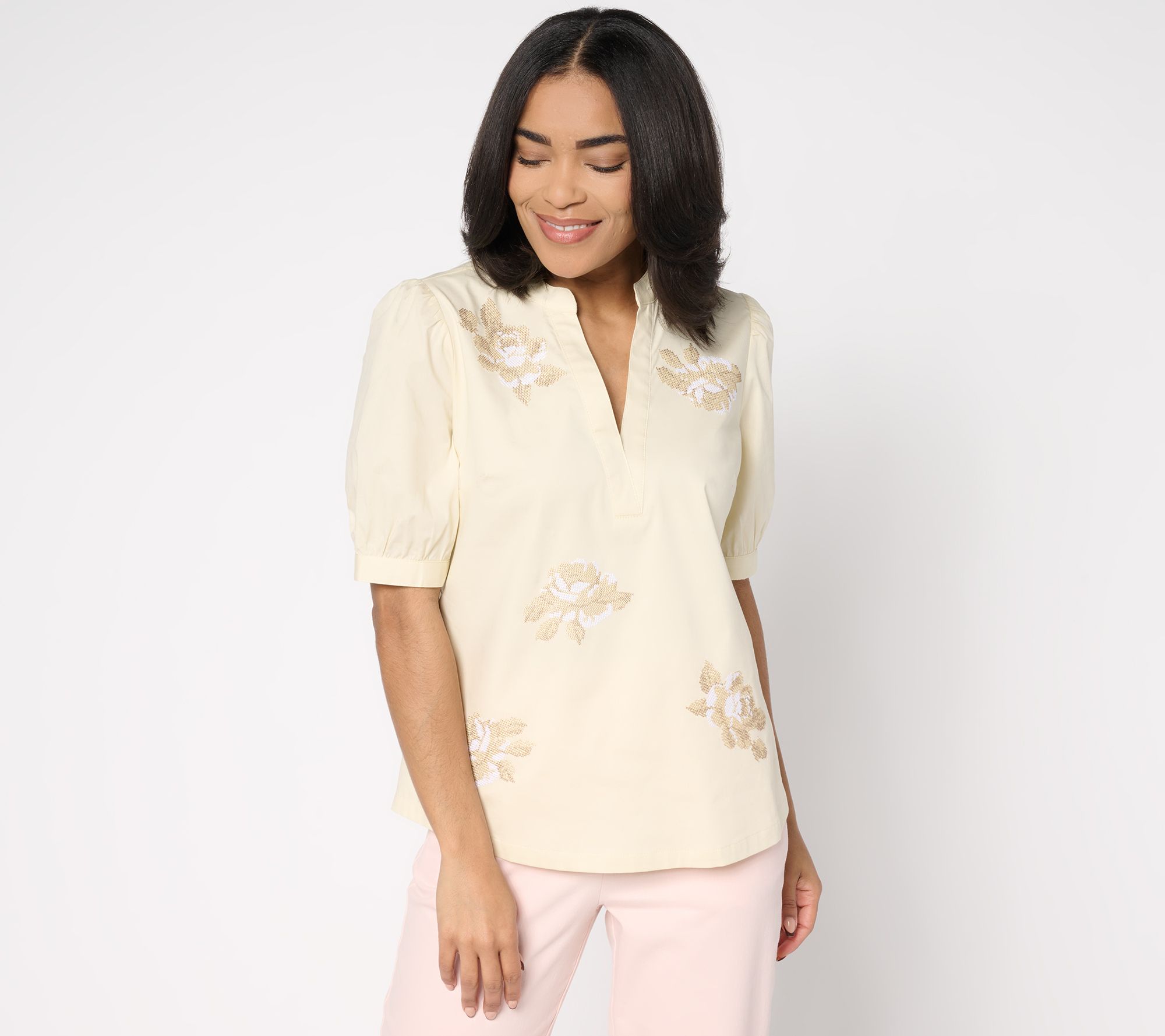 BEAUTIFUL by Lawrence Zarian Split Neck Embroidered Puff-Sleeve Top