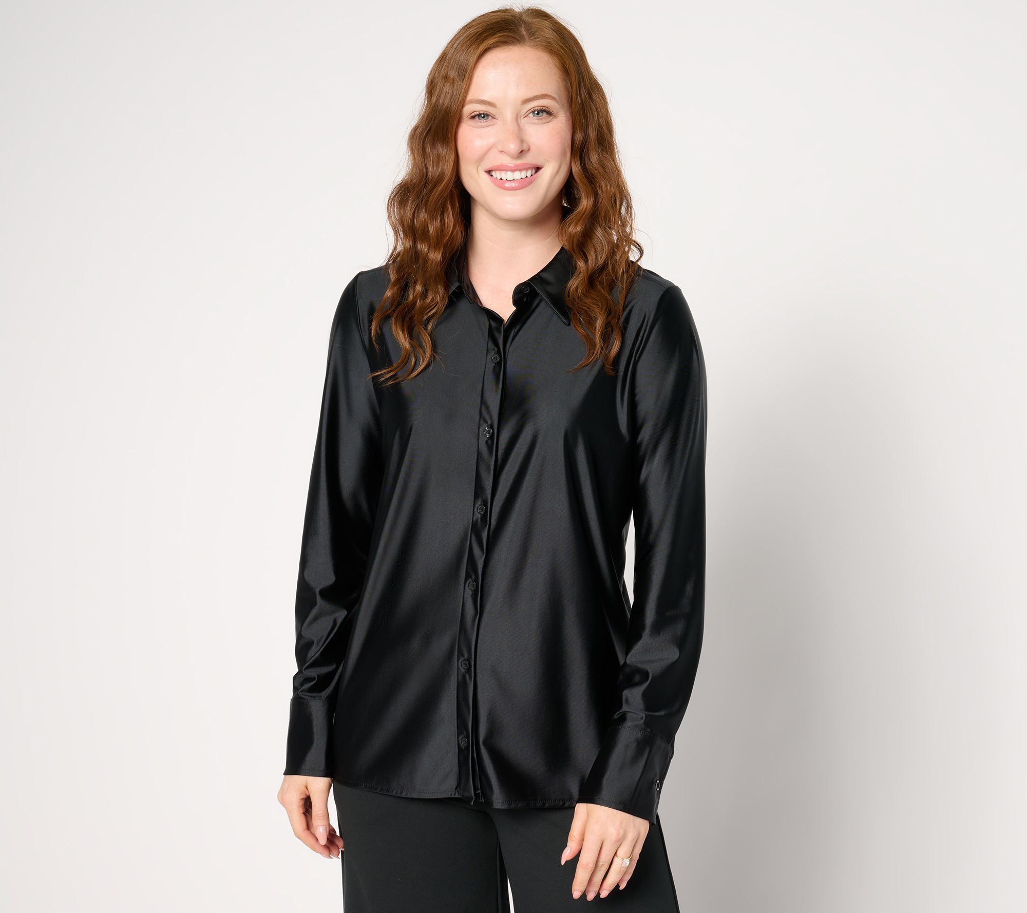 "As Is" Attitudes by Renee Fluid Satin Button Front Top