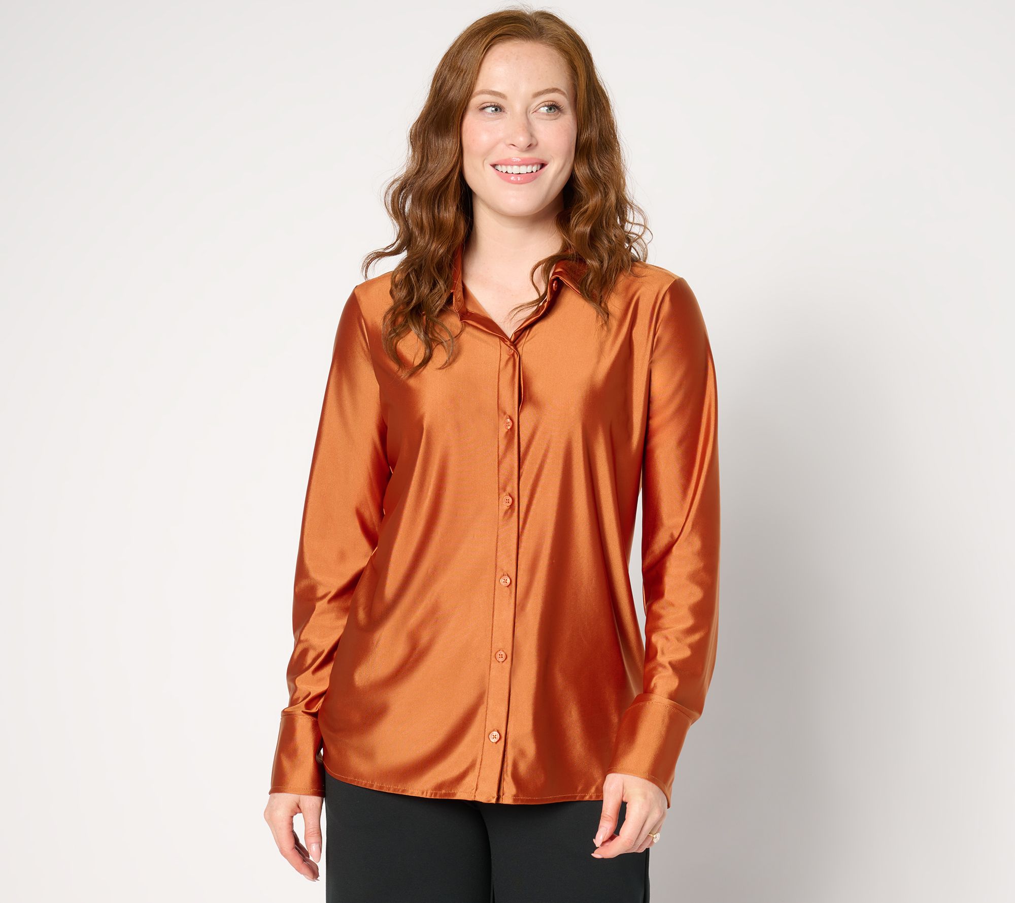 "As Is" Attitudes by Renee Fluid Satin Button Front Top