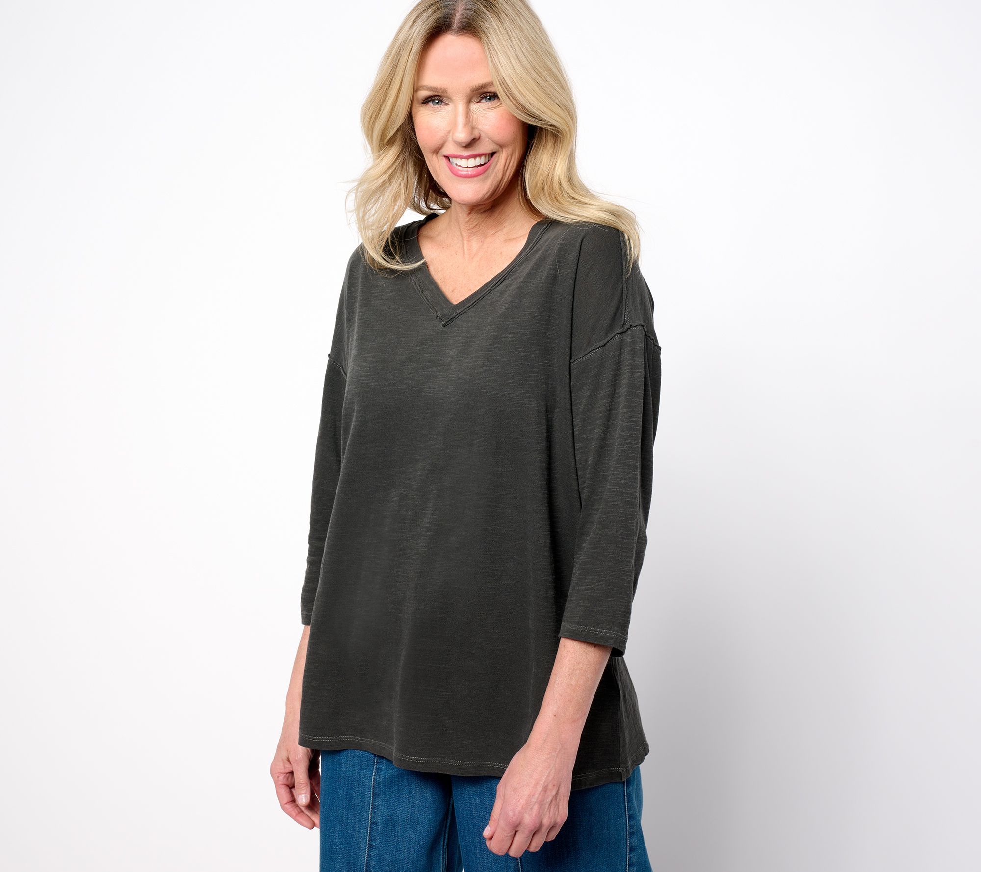 LOGO by Lori Goldstein 100% Cotton Slub V-Neck 3/4 Sleeve Top