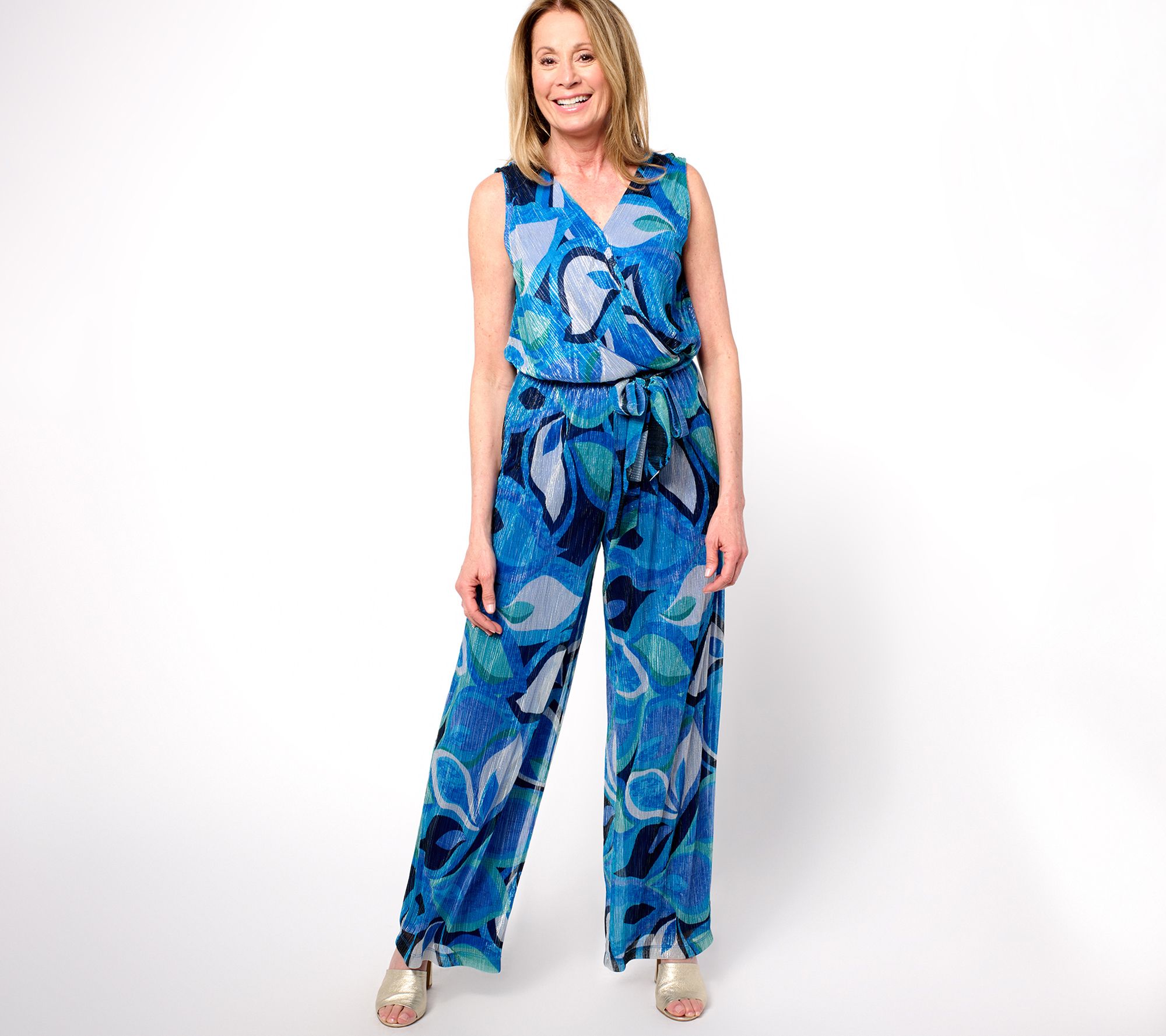 Susan Graver Petite Printed Knit Sleeveless Belted Jumpsuit