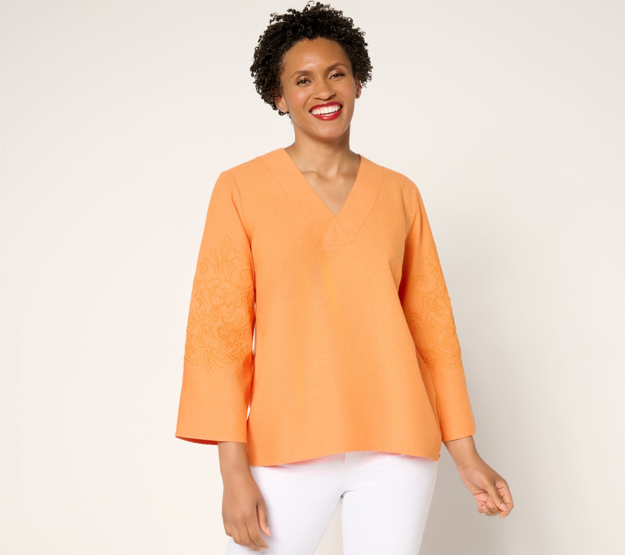 BEAUTIFUL by Lawrence Zarian Linen Blend Eyelet Detail Top