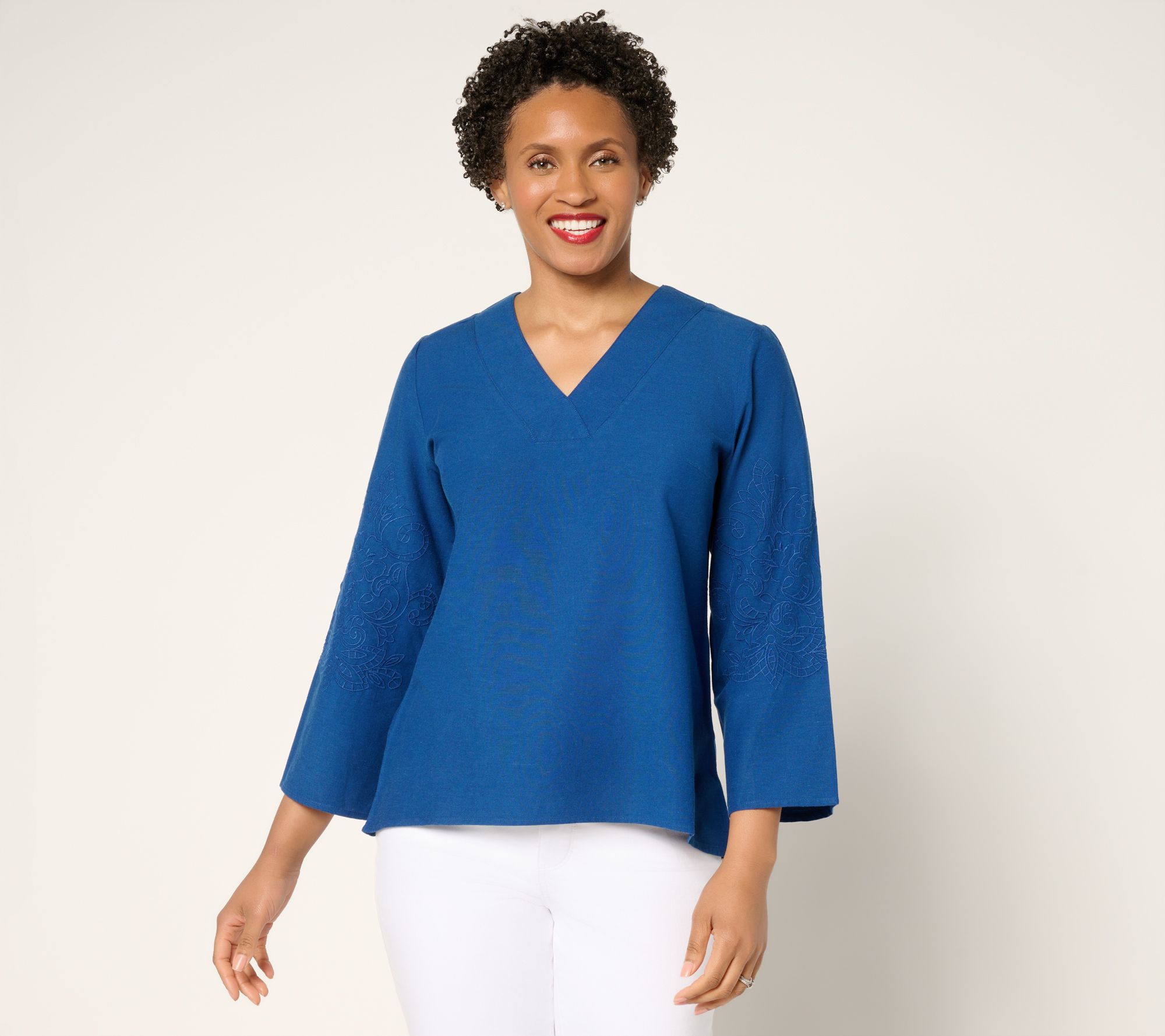 BEAUTIFUL by Lawrence Zarian Linen Blend Eyelet Detail Top
