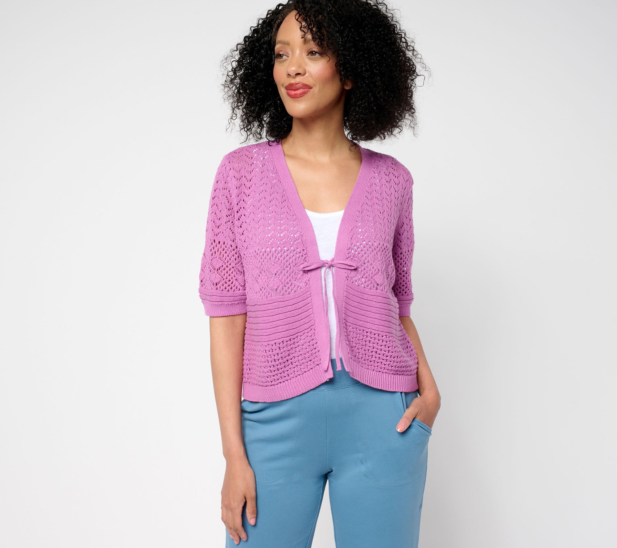 Denim & Co. 100% Cotton Pointelle Elbow Sleeve Tie Cardigan