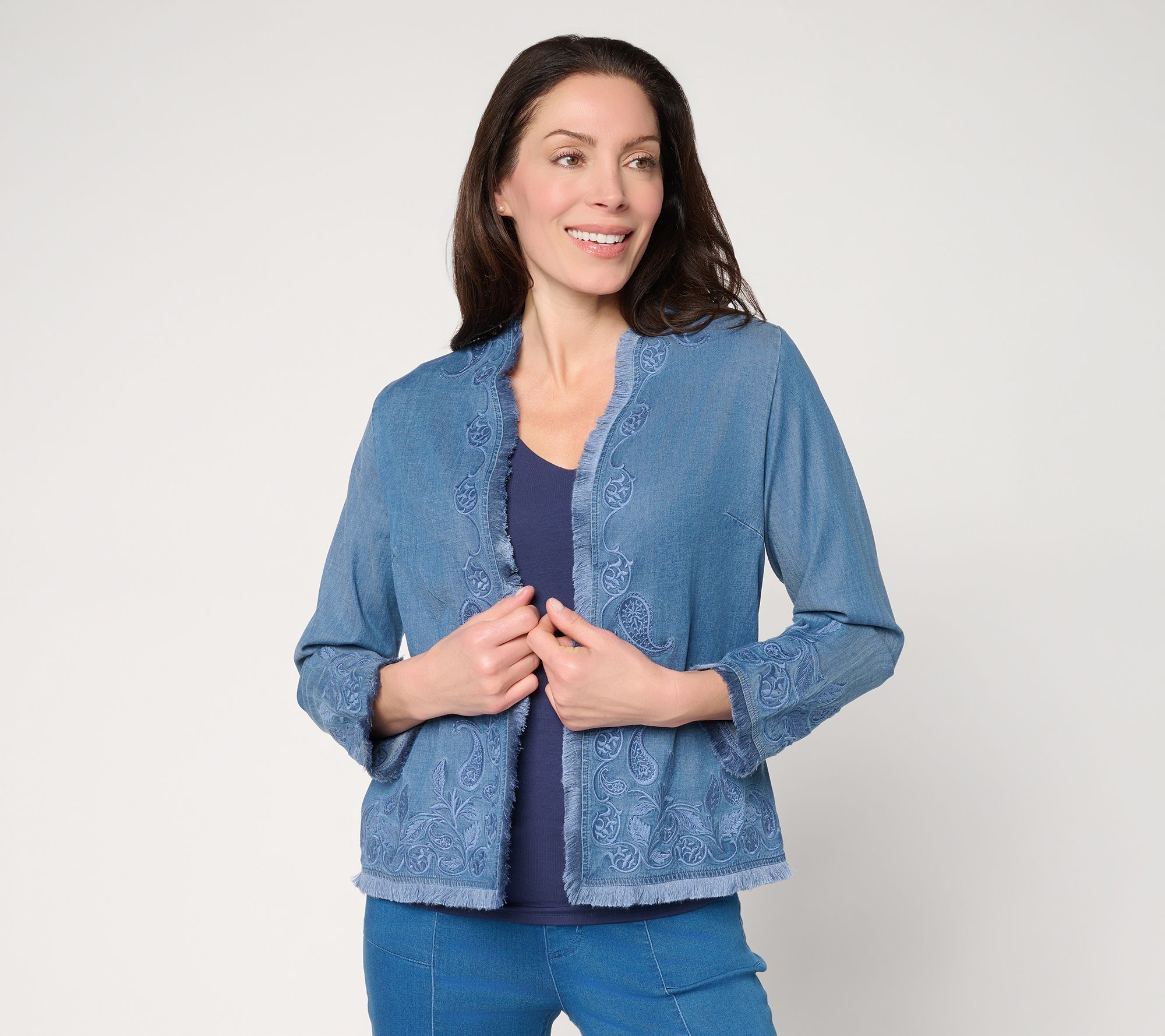 Susan Graver Stretch Chambray Embroidered Topper