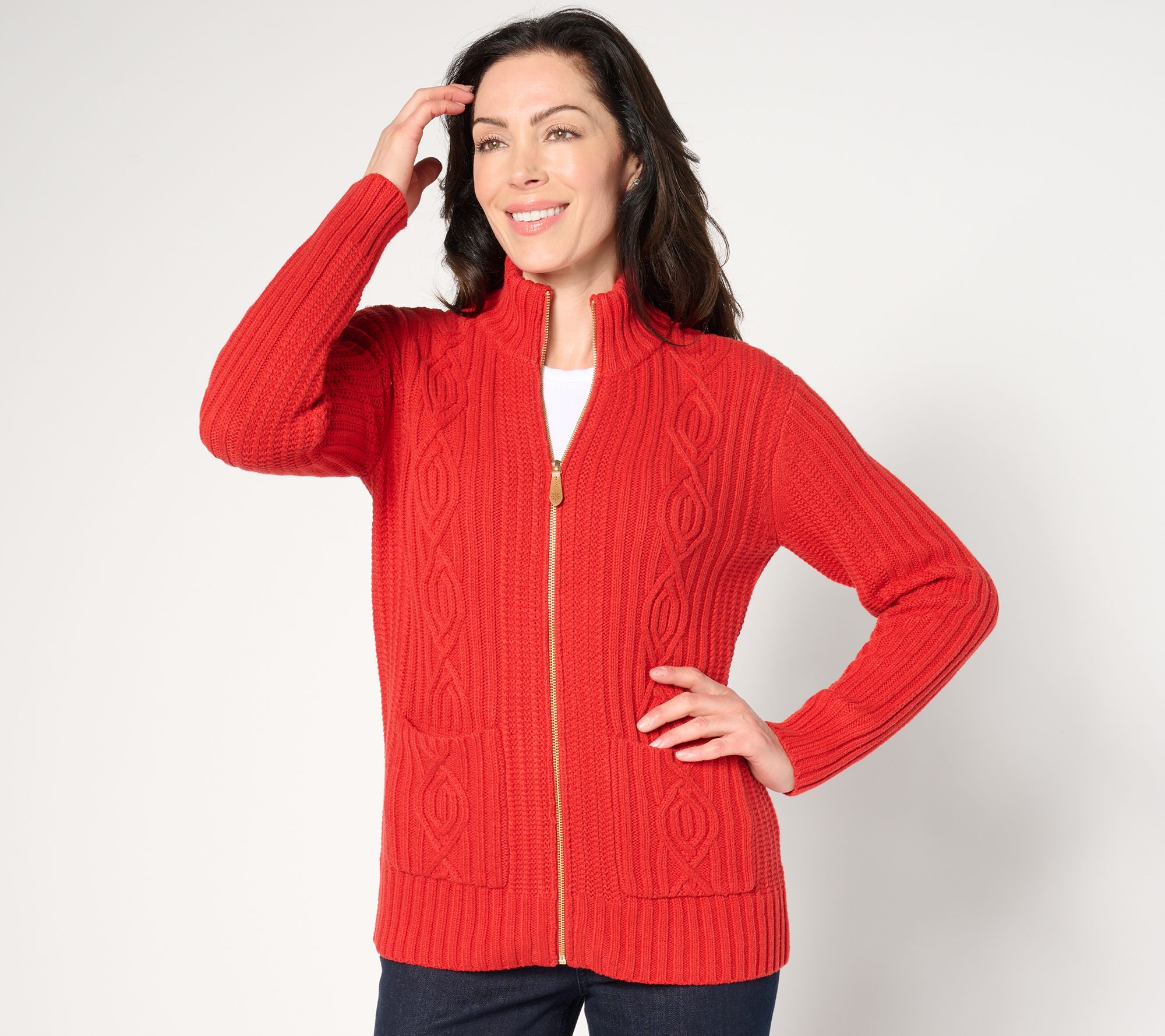 "As Is" Isaac Mizrahi Live! Estate Cozy Cable Zip Front Sweater