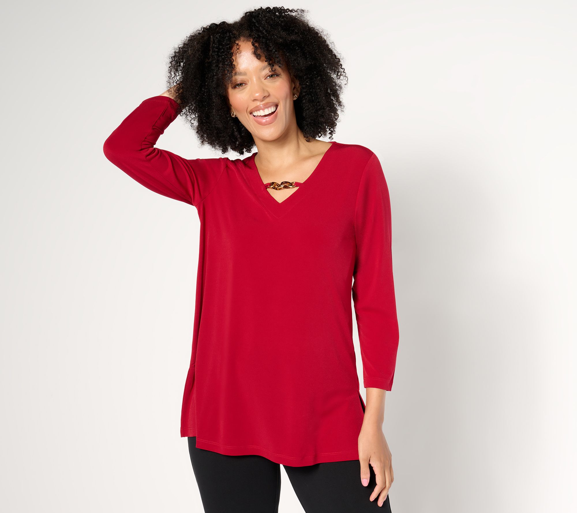 "As Is" Susan Graver Petite Liquid Knit A- Line Tunic w/ Chain Detail