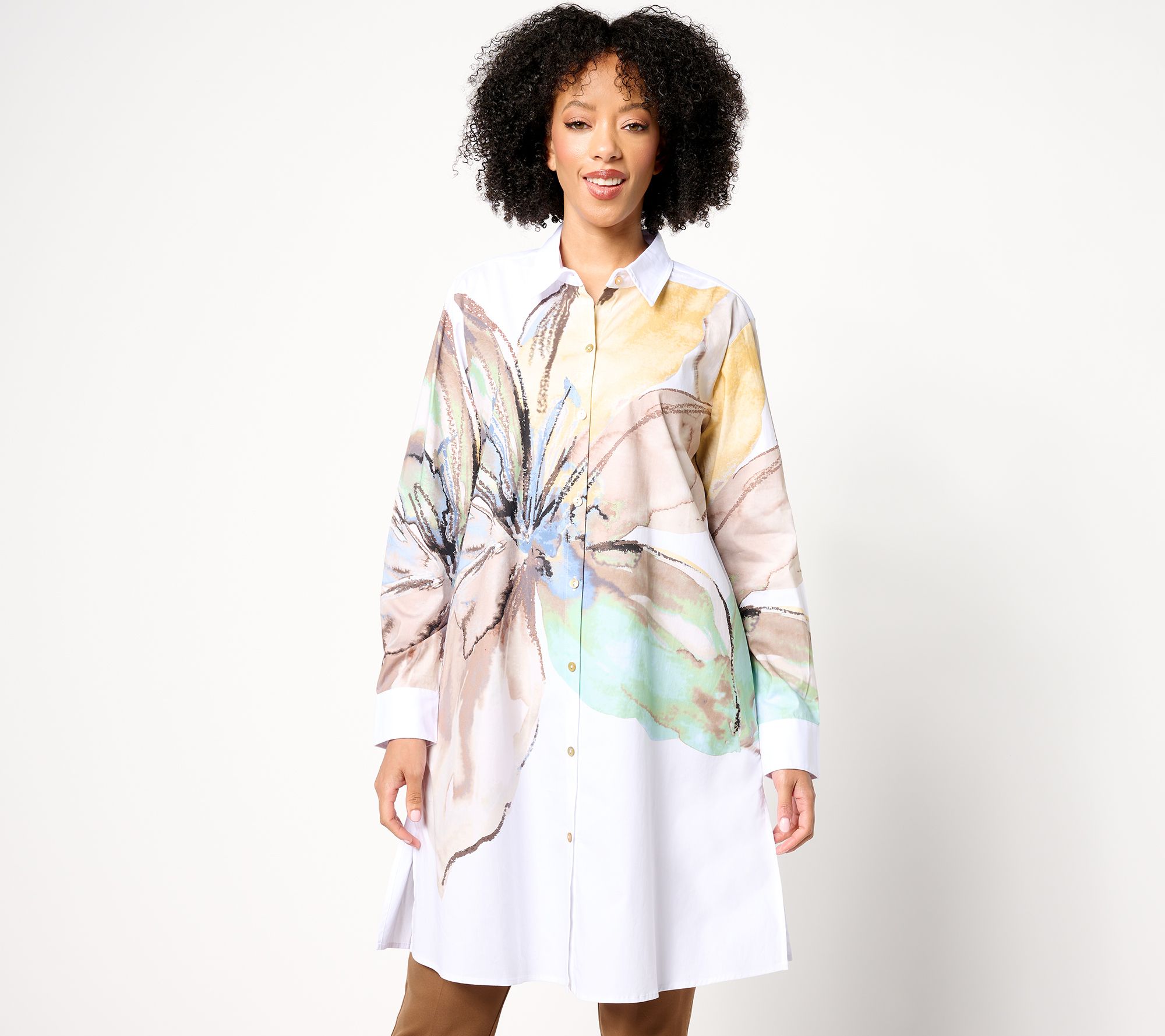 "As Is" Susan Graver Petite Printed Stretch Poplin Button Front Duster