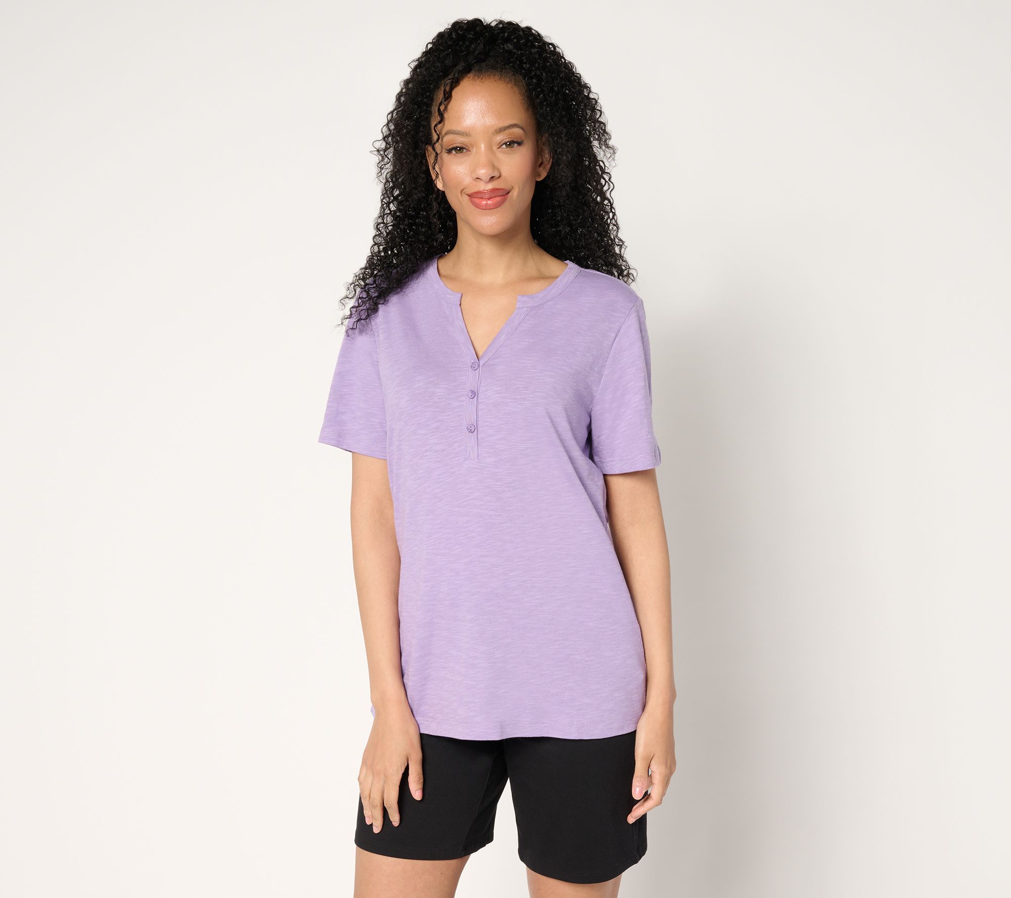 "As Is" Denim & Co. Essentials Linen Blend Short Sleeve Henley