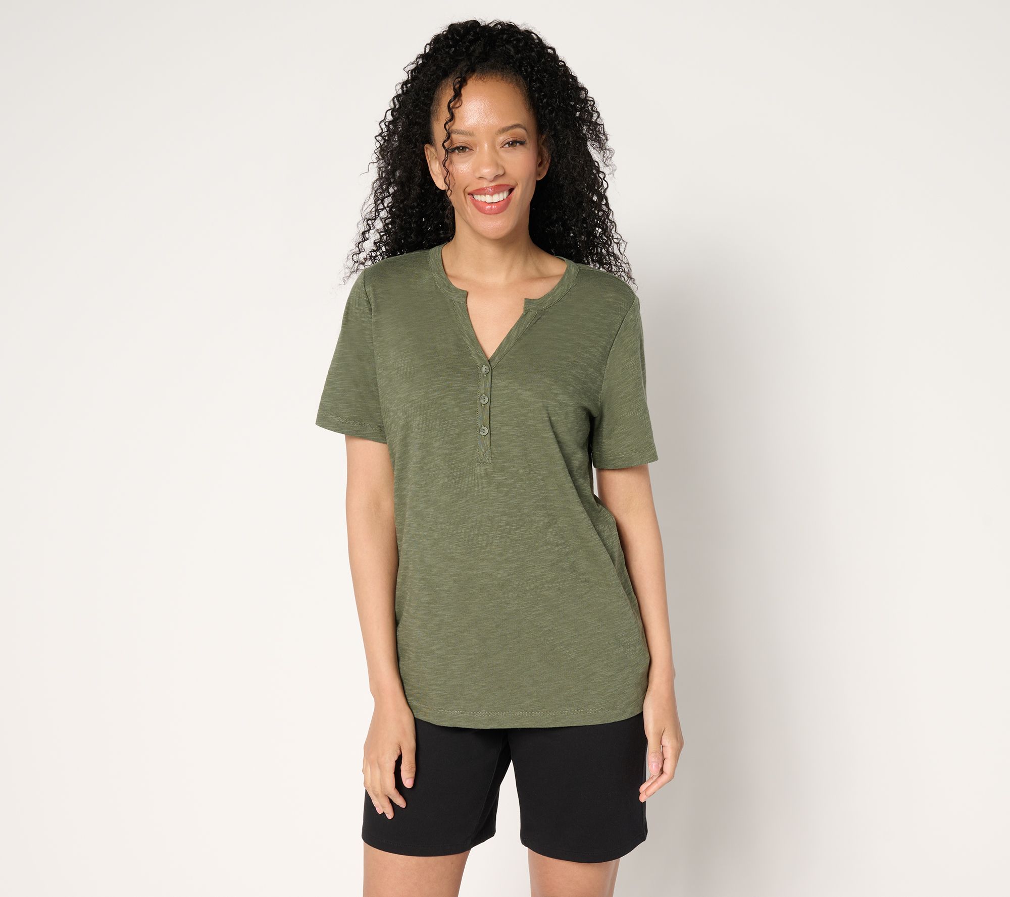 "As Is" Denim & Co. Essentials Linen Blend Short Sleeve Henley
