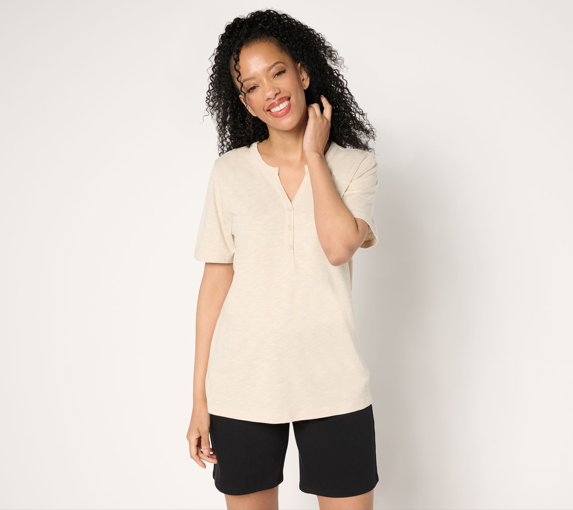 "As Is" Denim & Co. Essentials Linen Blend Short Sleeve Henley