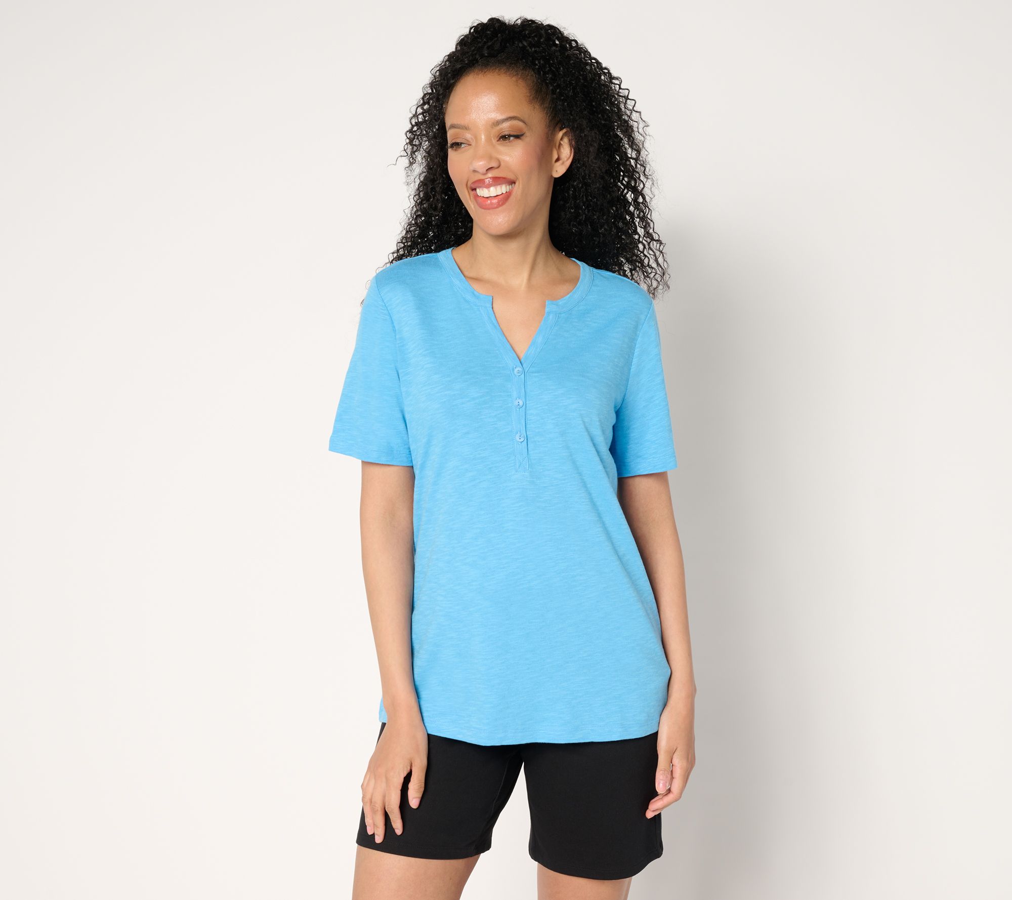 "As Is" Denim & Co. Essentials Linen Blend Short Sleeve Henley
