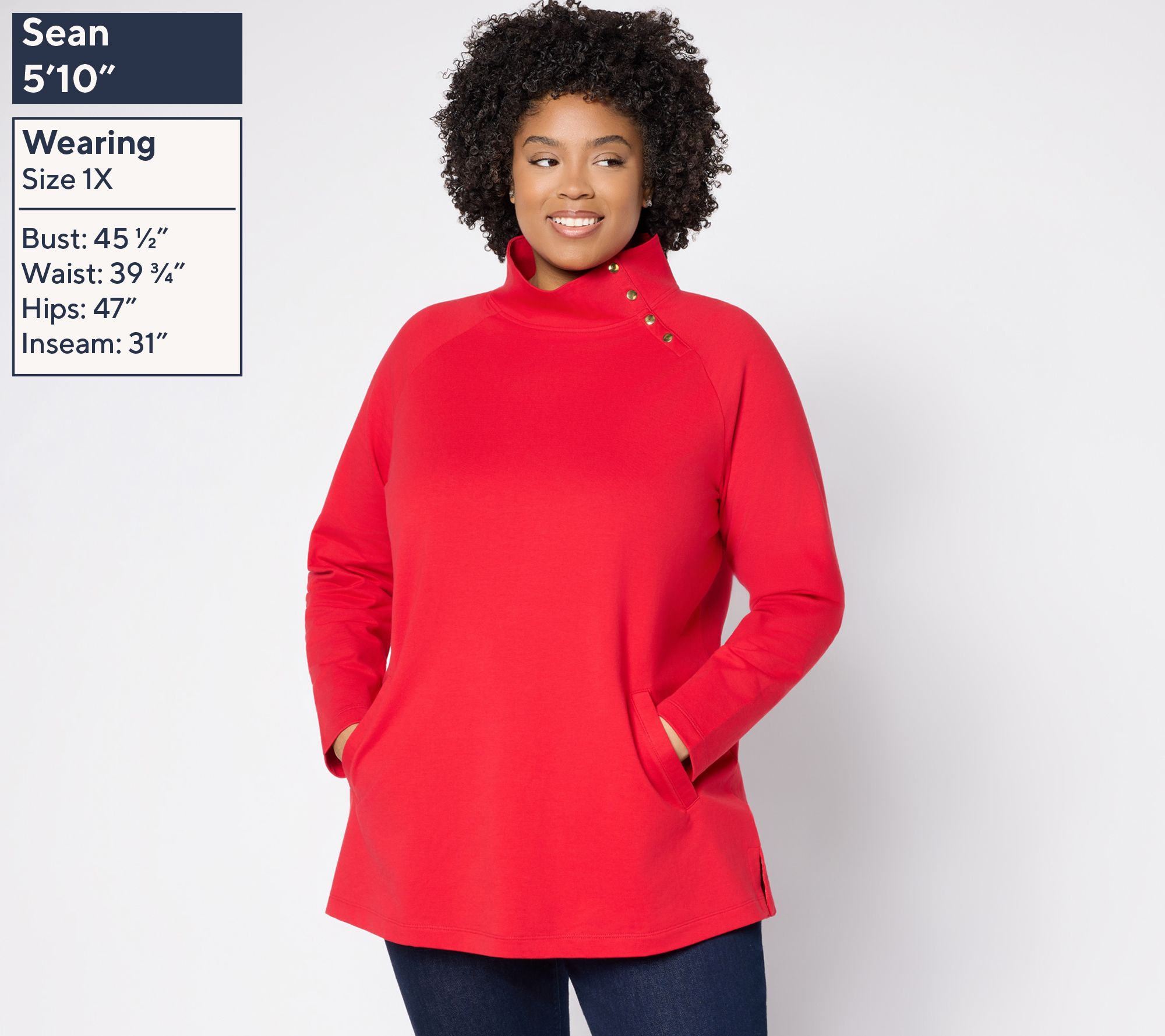 Denim & Co. French Terry Mock Neck Tunic with Plaid Trim - QVC.com