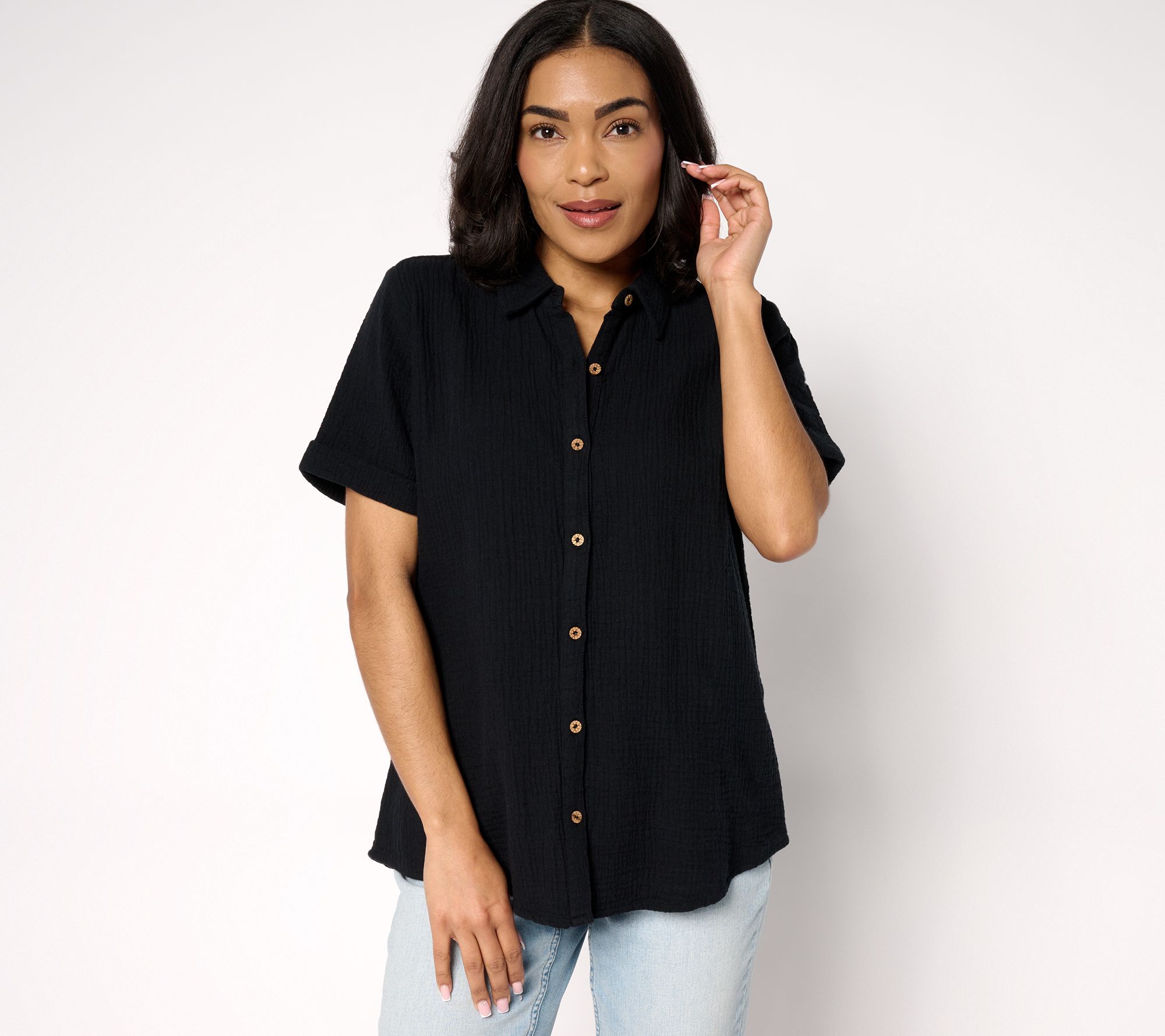 "As Is" Susan Graver PURE Regular Cotton Gauze Button Front Tunic