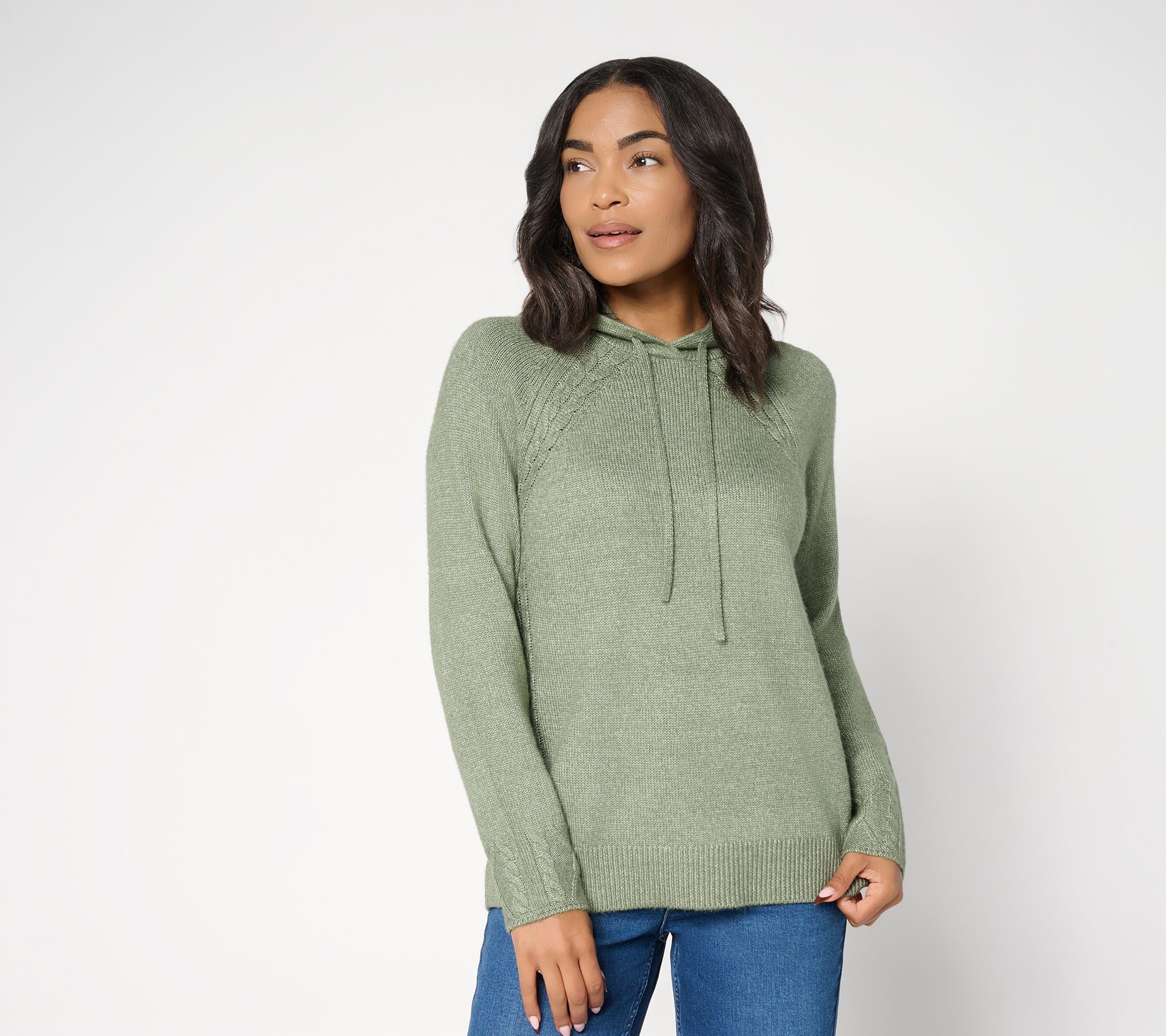 LOGO by Lori Goldstein Raglan Sleeve Hooded Sweater with Cable Trim