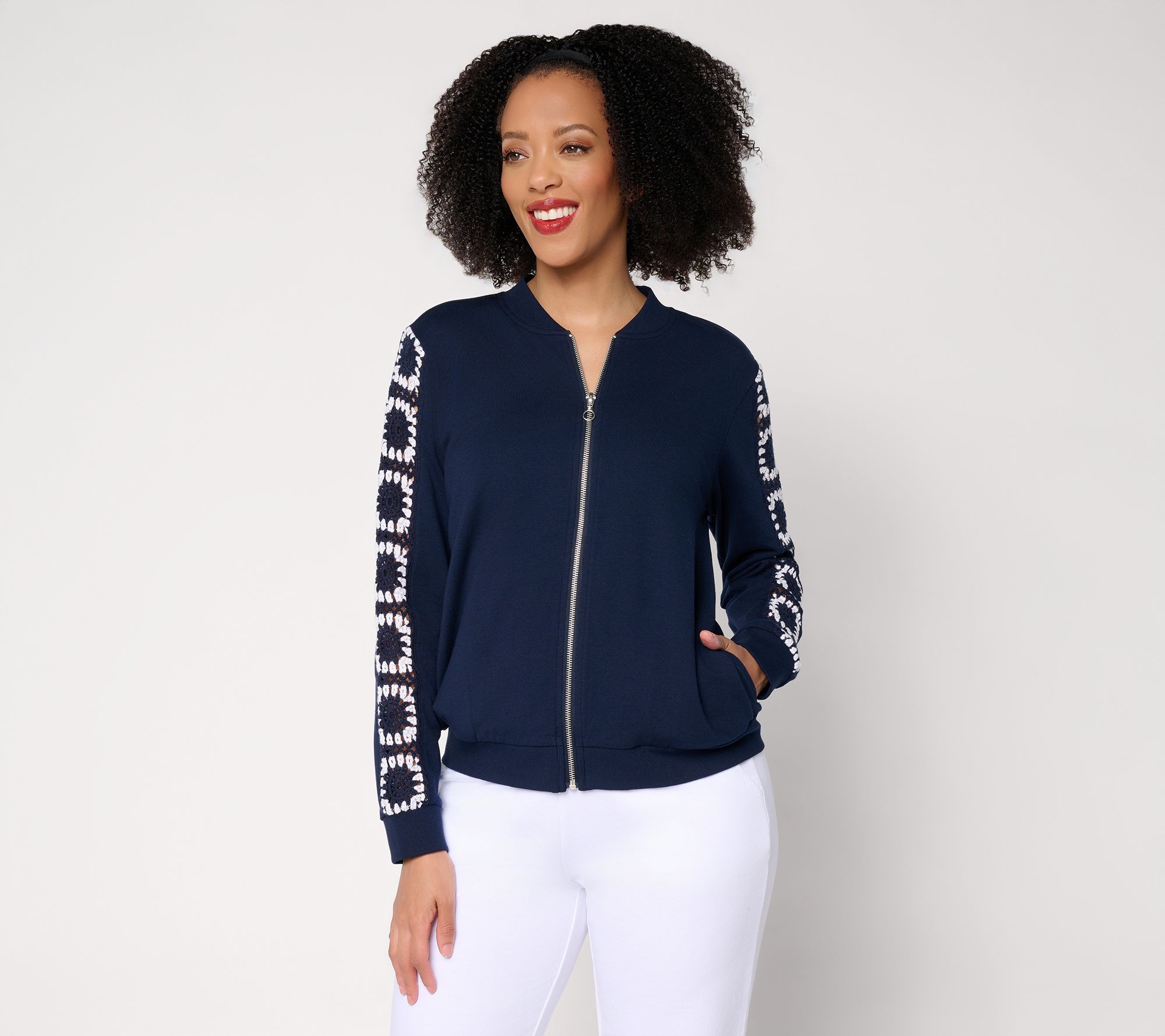  Susan Graver Weekend French Terry Zip-Front Jacket w/ Crochet Detail