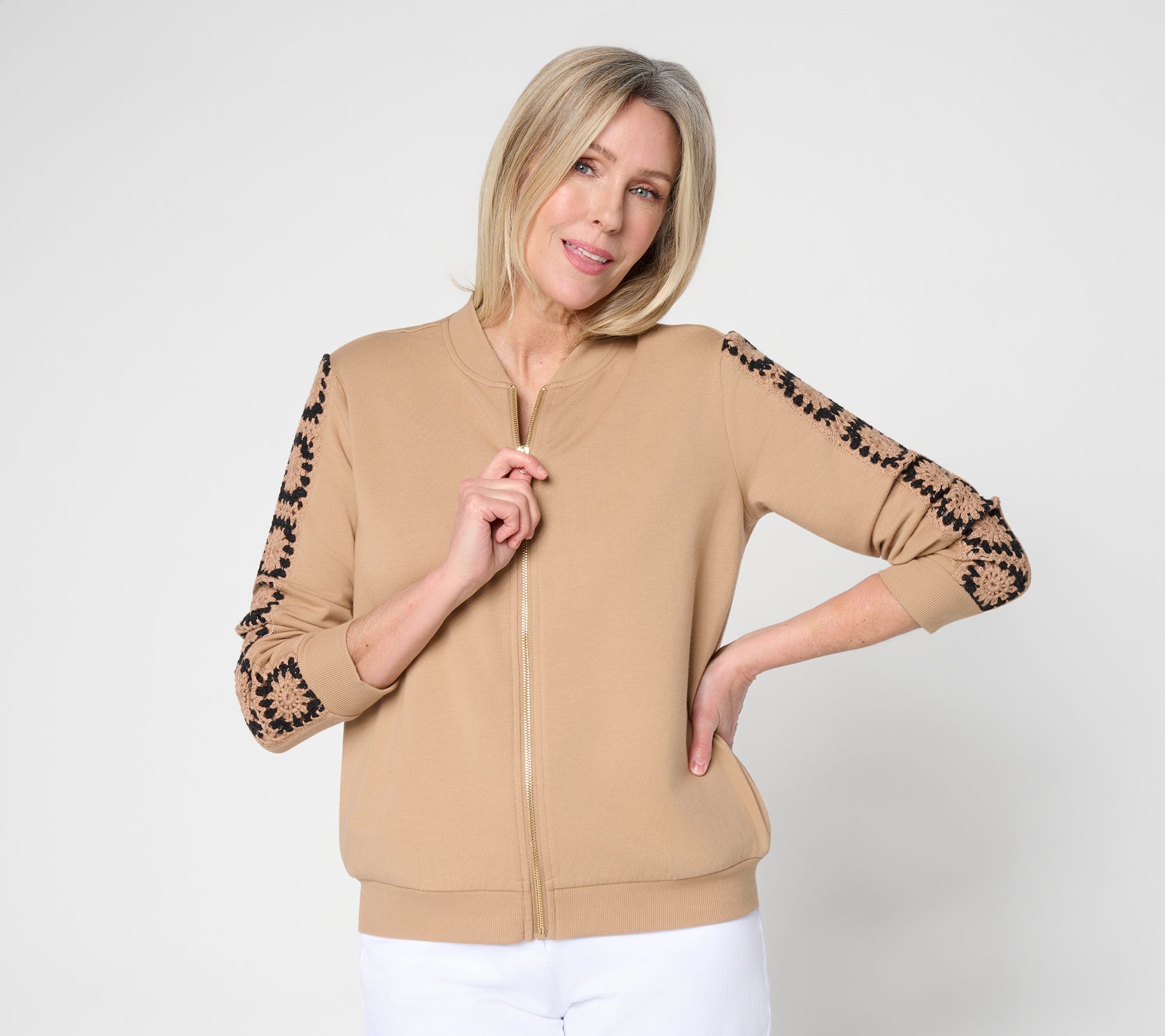 Susan Graver Weekend French Terry Zip-Front Jacket w/ Crochet Detail