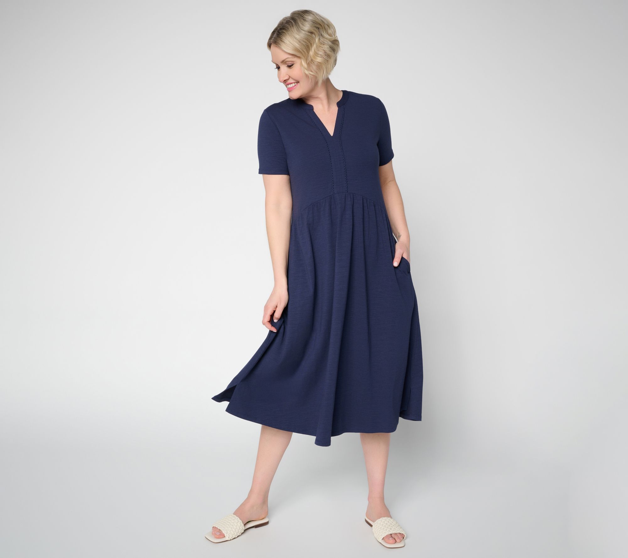 Joan Rivers Regular Cotton Modal Scallop V-Neck Midi Dress