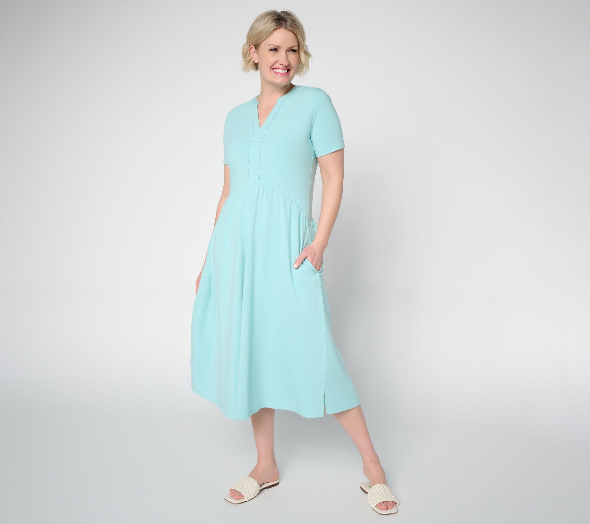 Joan Rivers Regular Cotton Modal Scallop V-Neck Midi Dress
