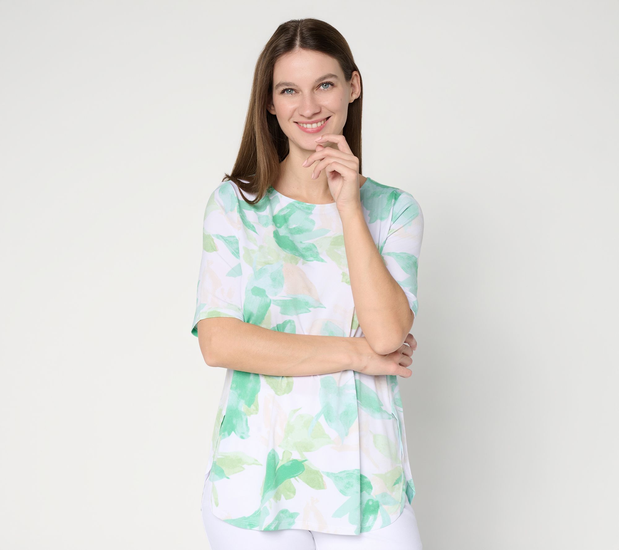 Susan Graver Regular Printed Liquid Knit Tunic with Shirttail Hem