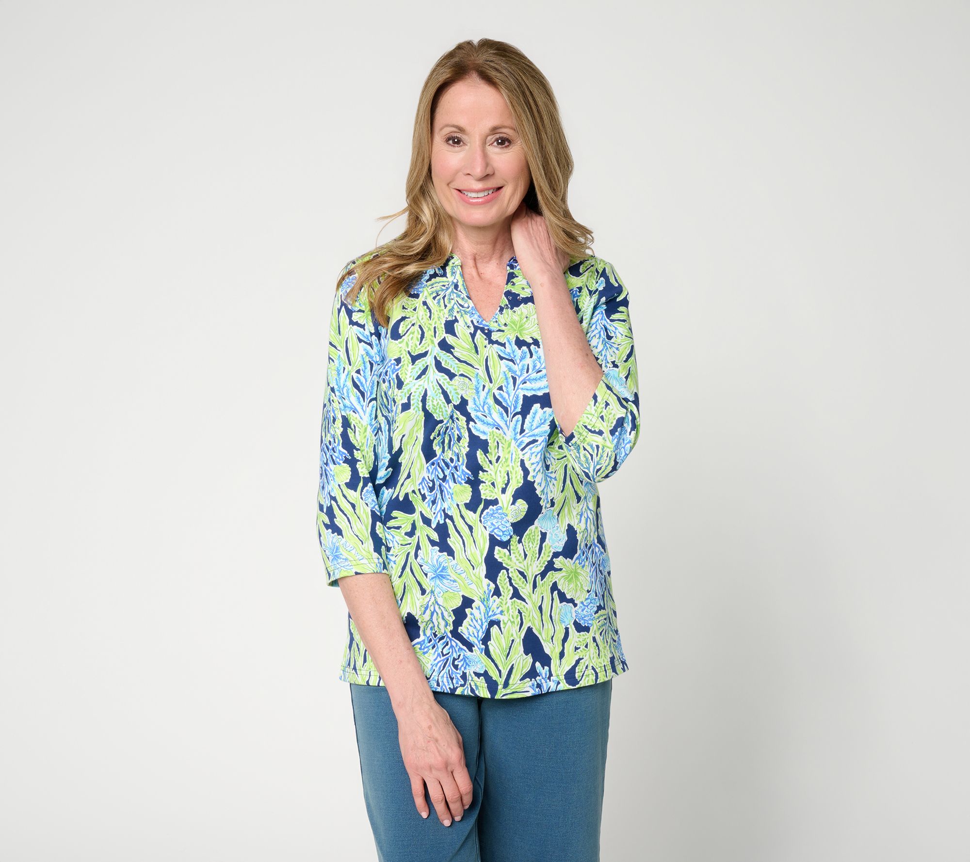 Quacker Factory Under The Sea Printed 3/4 Sleeve Top