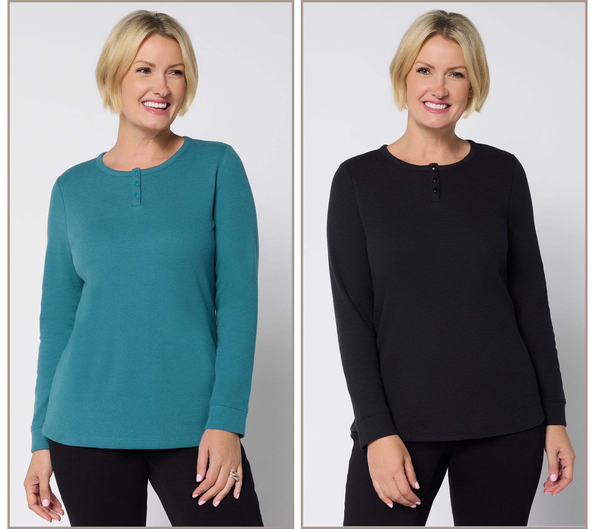 "As Is" Denim & Co. Essentials 2-Pack Waffle Knit Henley Tops