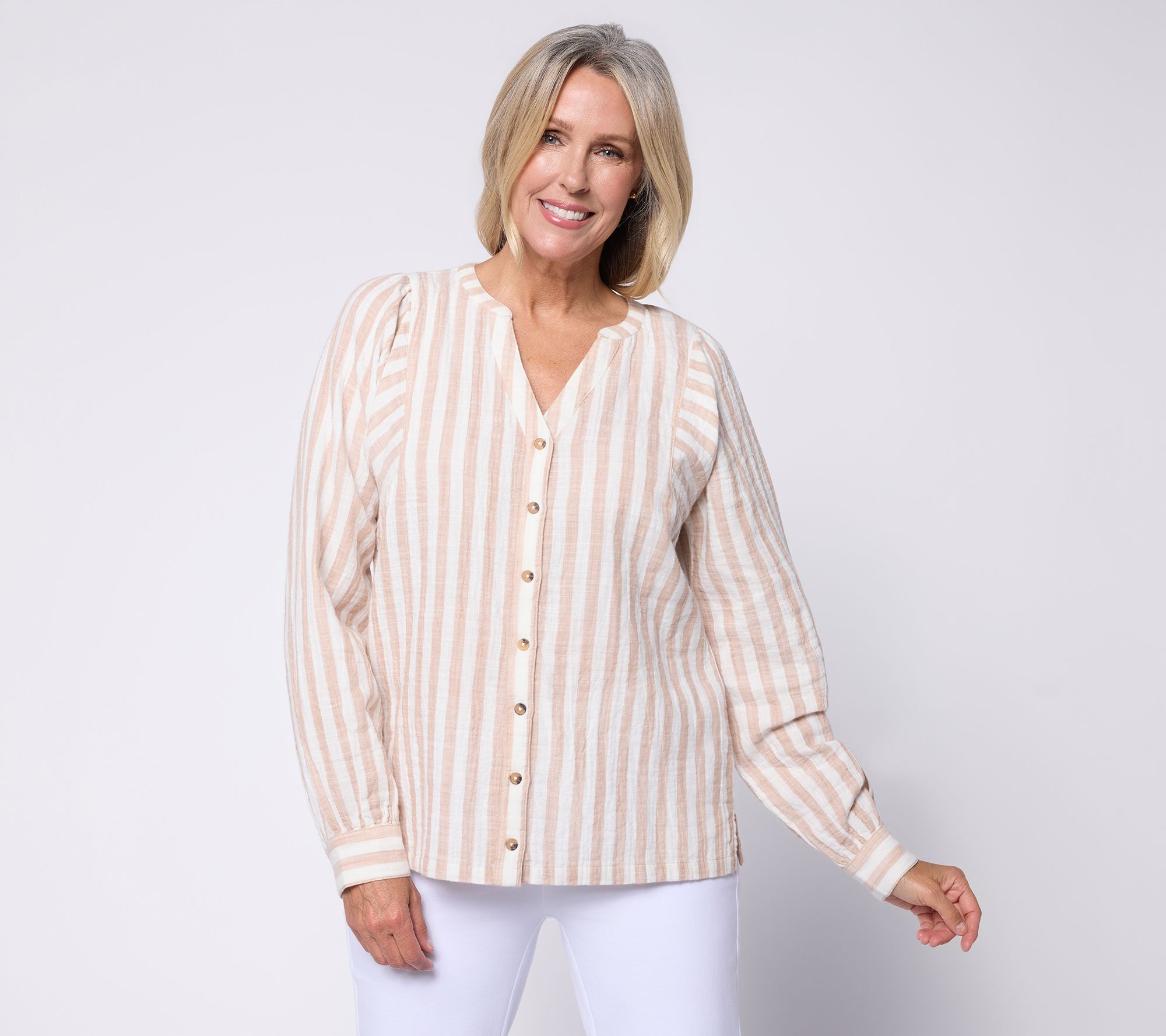 AnyBody Striped Cotton Double Cloth Long Sleeve Top